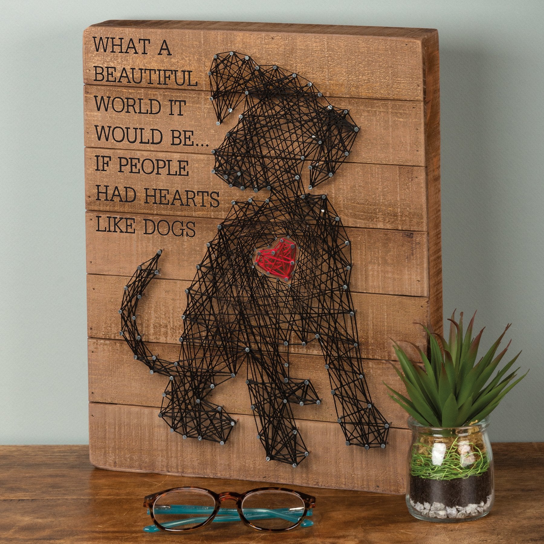 Beautiful World Hearts Like Dogs String Art Slat Wood Sign Pet Decor