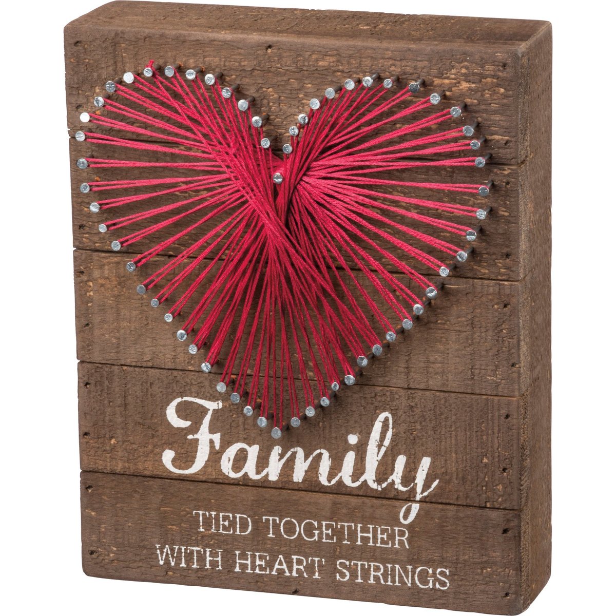 Rustic Wood Slat Box Sign: Hand-Strung Red Heart Family Wall Art Decor