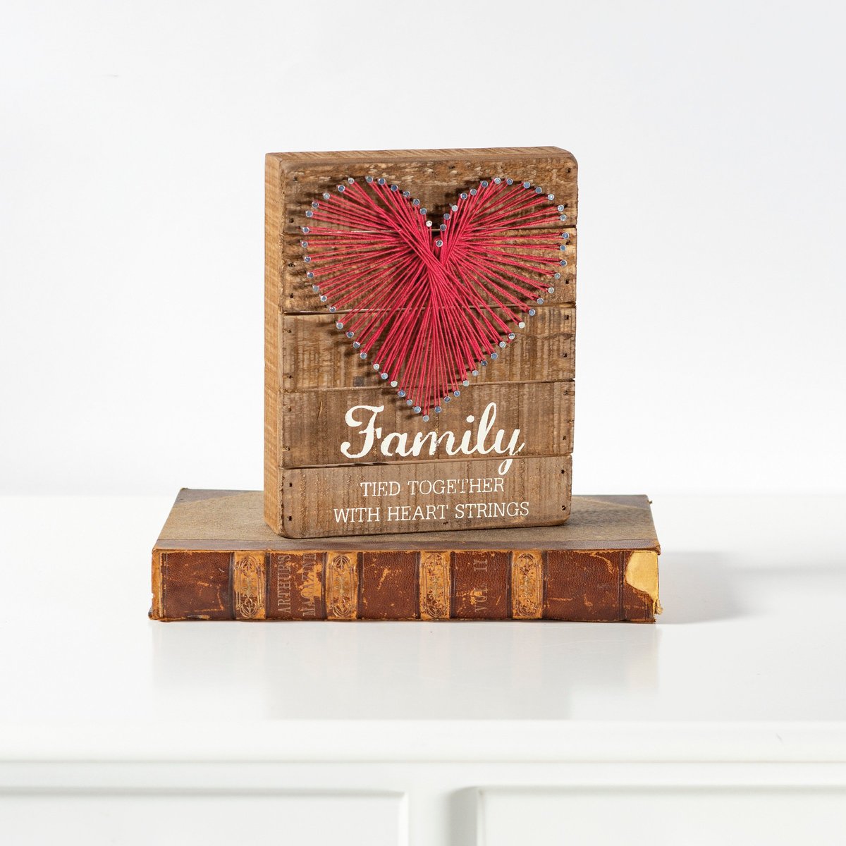 Rustic Wood Slat Box Sign: Hand-Strung Red Heart Family Wall Art Decor