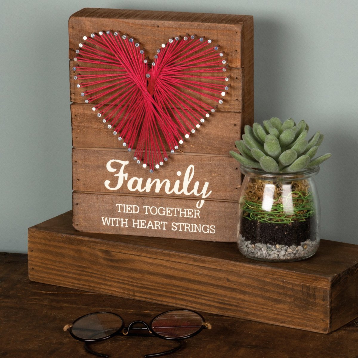 Rustic Wood Slat Box Sign: Hand-Strung Red Heart Family Wall Art Decor