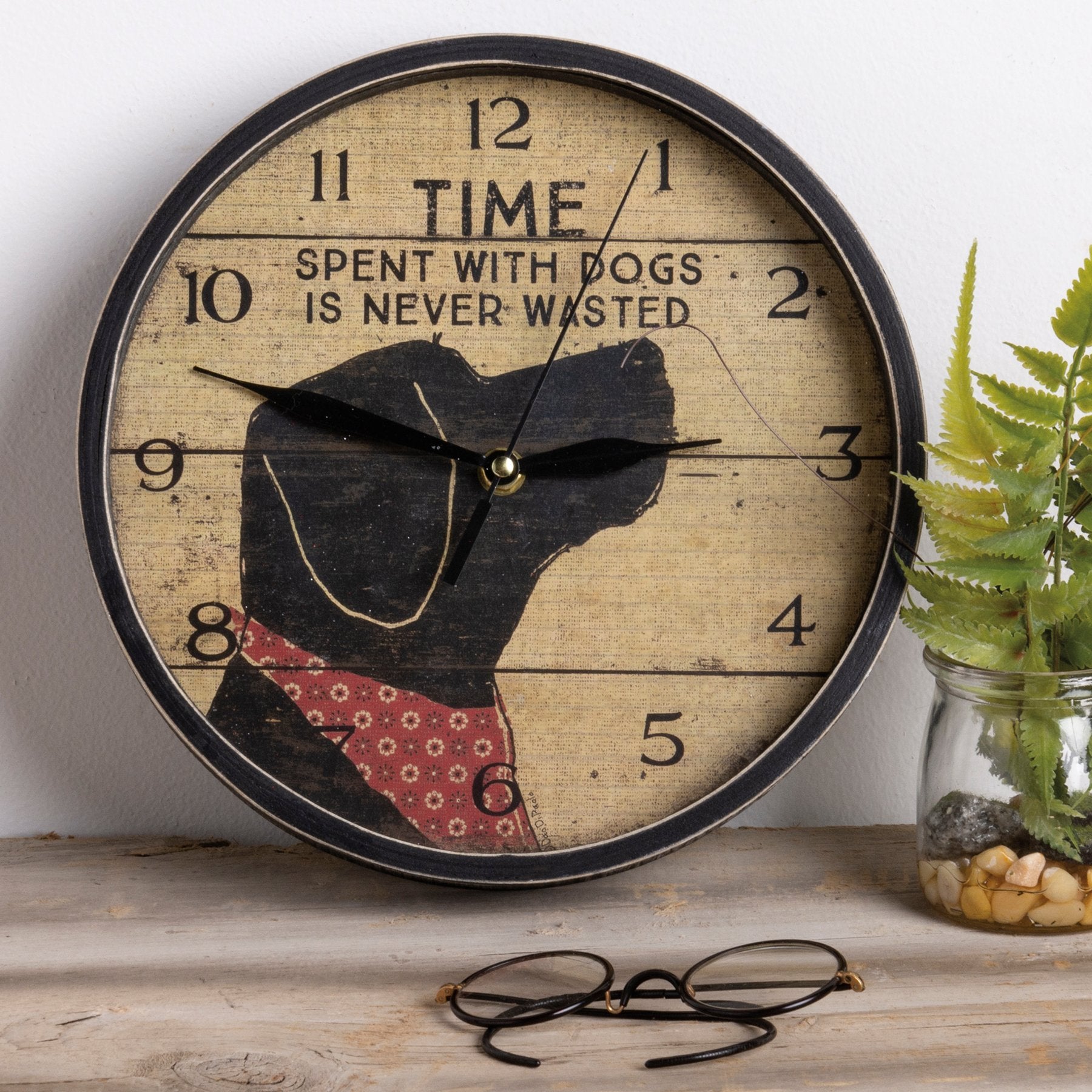 Charming Dog Silhouette Wood Wall Clock with Heartwarming 'Time with Dogs' Sentiment