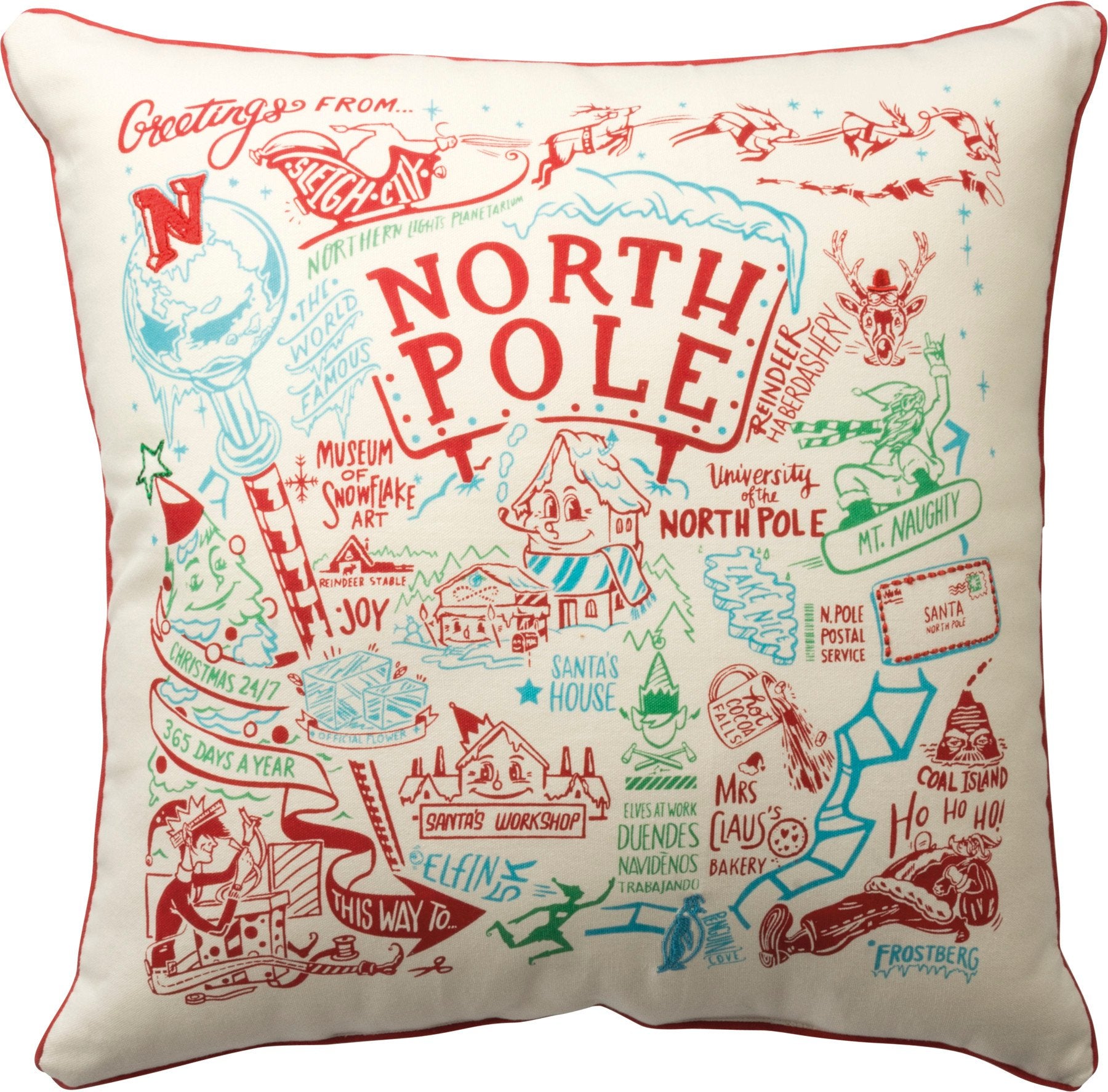 Festive North Pole Cotton Holiday Pillow with Zipper Cover - 20x20 Inches