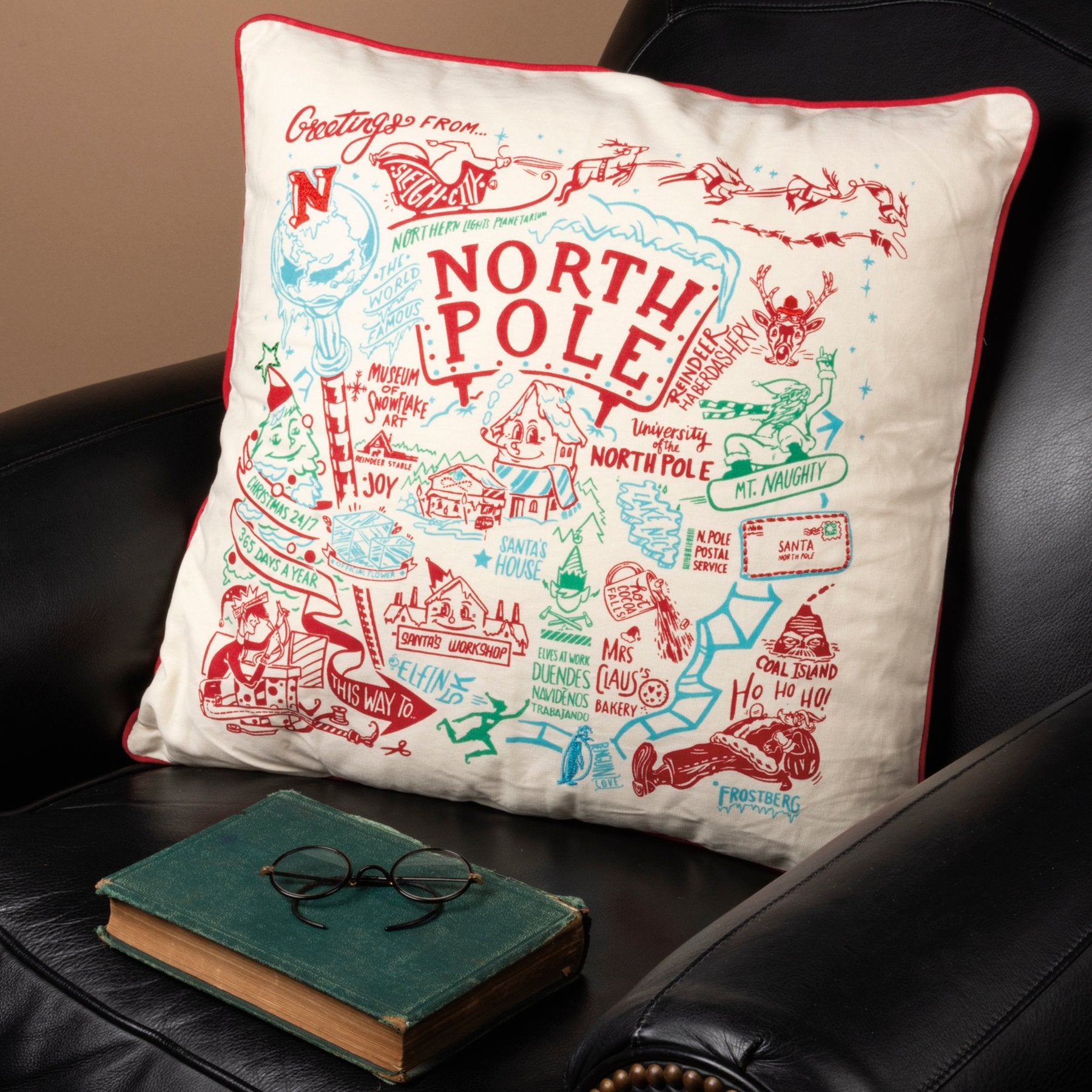 Festive North Pole Cotton Holiday Pillow with Zipper Cover - 20x20 Inches