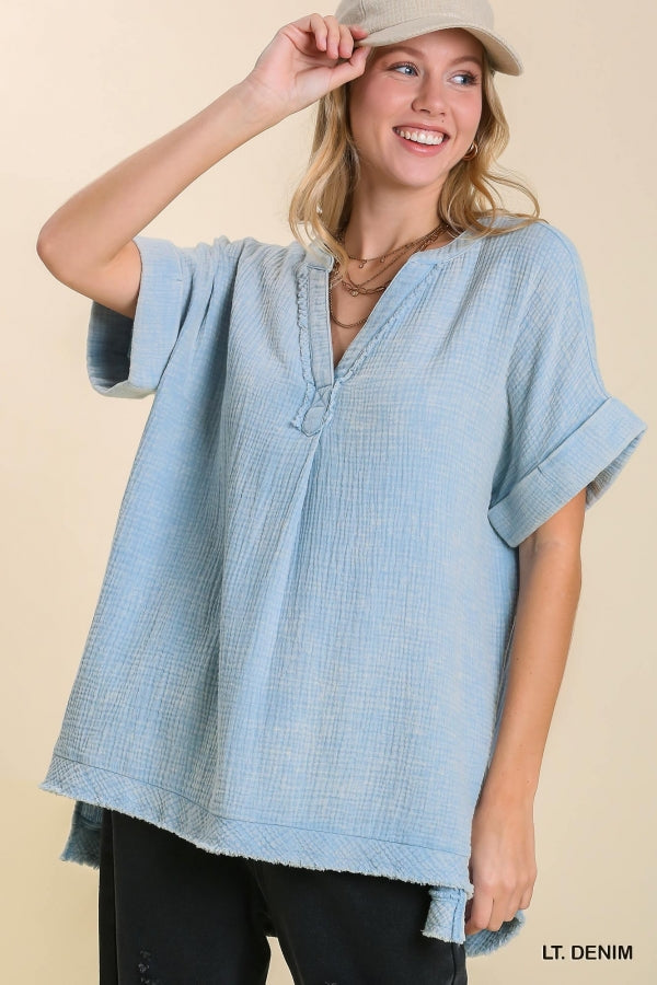 Umgee Mineral Wash Gauze Fabric Tunic Top Split Neckline, Side Split Hem, Cuffed Sleeves & Hi Low Cut