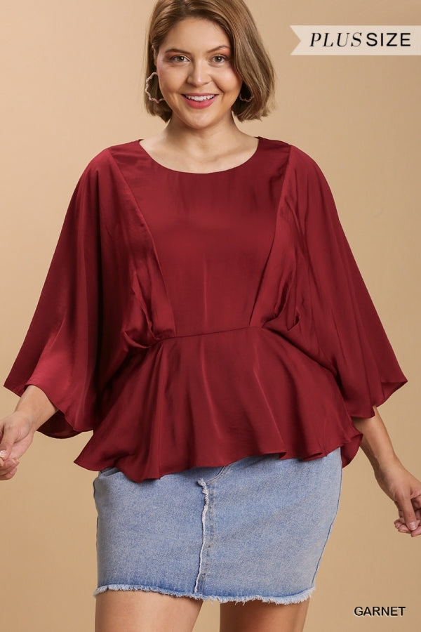 Umgee Washed Satin Pleated Round Neck Kimono Sleeve Top with Peplum Hem