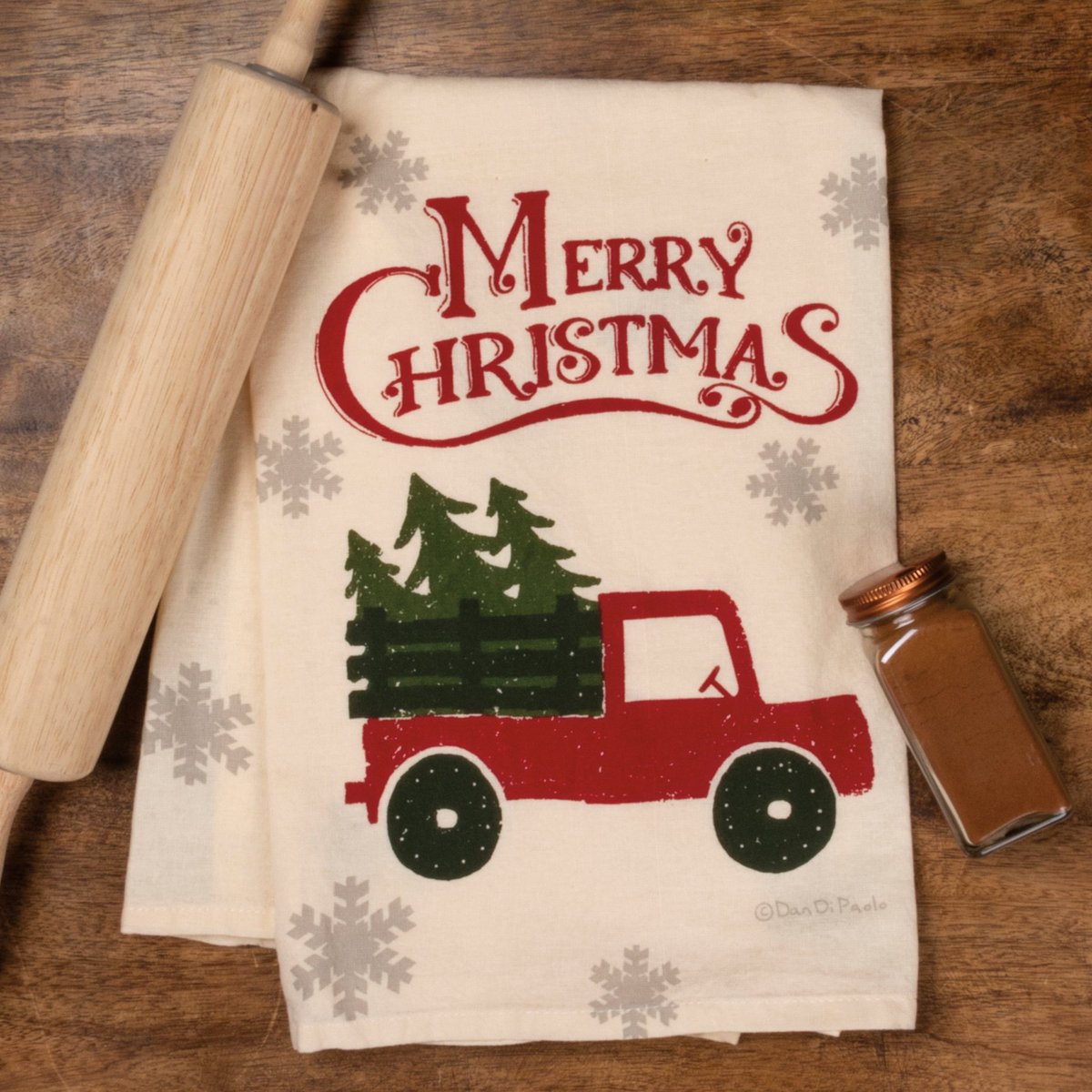 Festive Rustic Christmas Truck Kitchen Towel - 100% Cotton Holiday Decor Gift