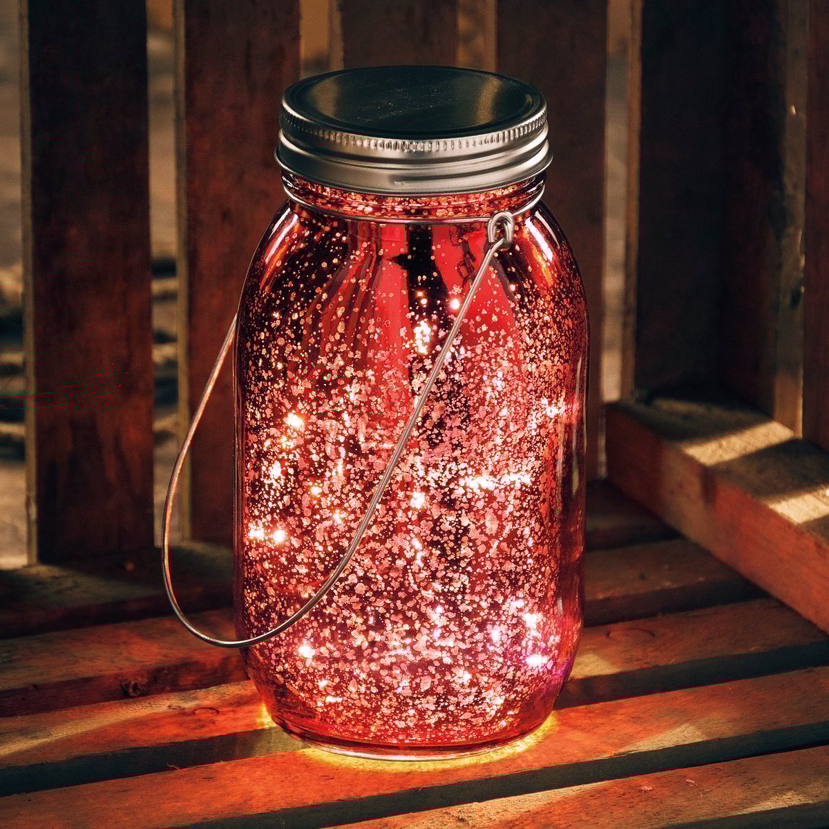 Sparkling Red Mercury Glass LED Lantern with Timer & Wire Handle