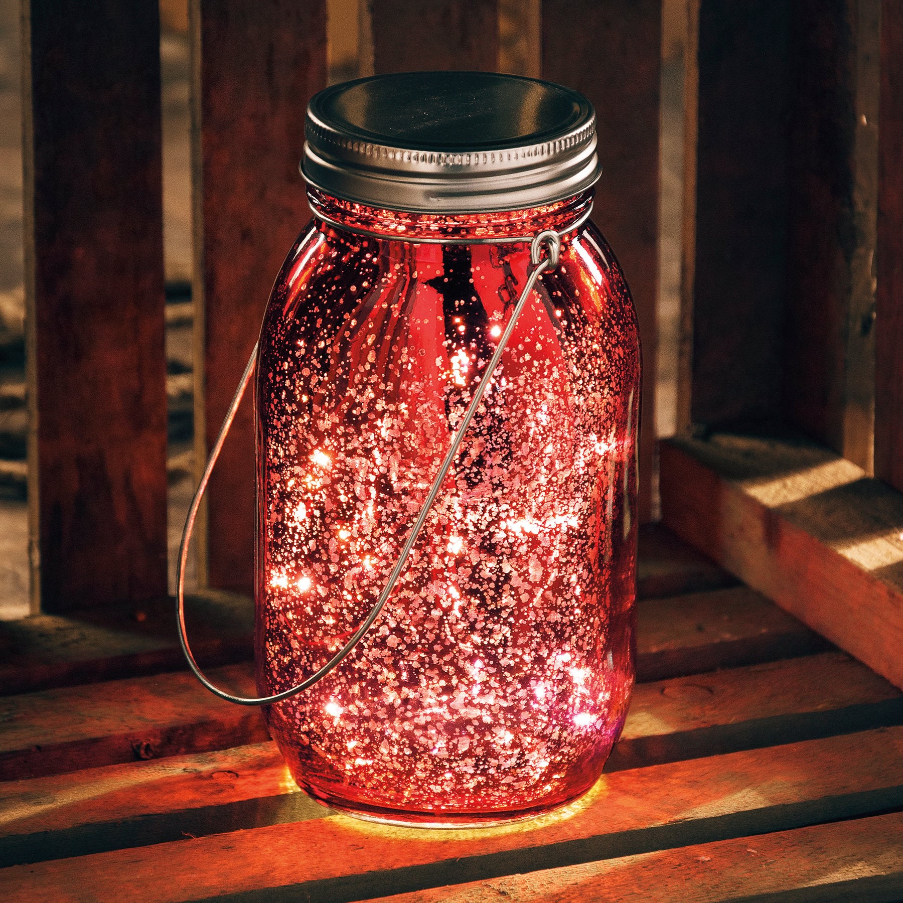 Enchanting Red Mercury Glass LED Lantern with Timer & Wire Handle