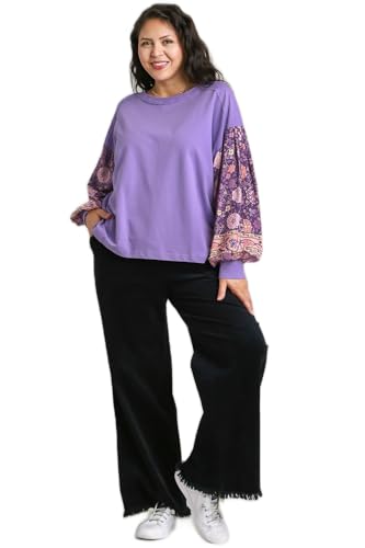 Umgee Solid French Terry Top with Floral Printed Boarder on Sleeves