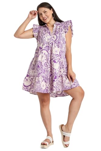 Umgee Abstract Print V-Neck Babydoll Dress with Ruffled Cap Sleeves