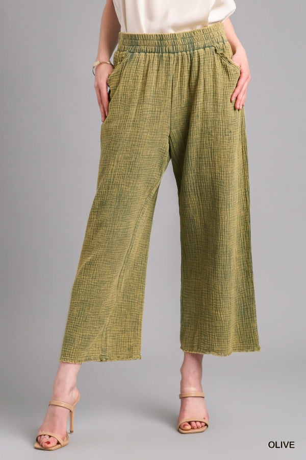 Umgee Mineral Wash Elastic Waistband Pants With Side Pockets & Unfinished Frayed Hem Detail