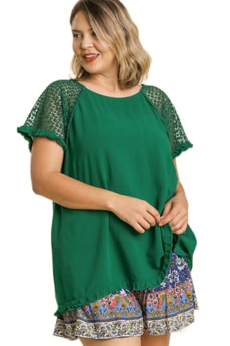 Umgee Linen Blend Floral Crochet Detailed Short Sleeve Round Neck Top with Fringed Hem