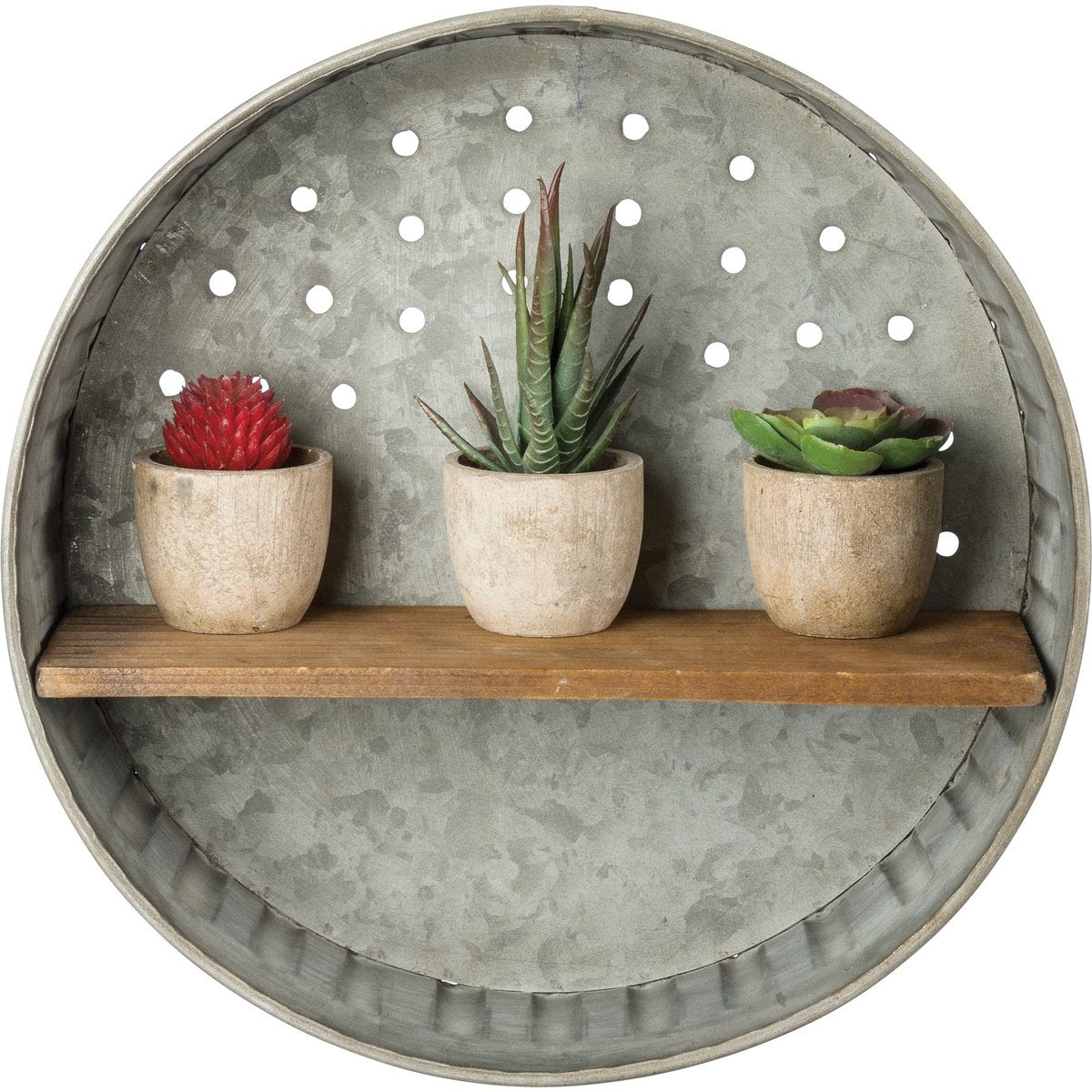 Rustic Farmhouse Distressed Metal Round Wall Shelf with Wooden Display