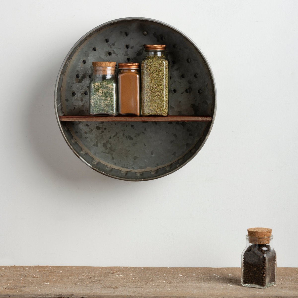 Rustic Farmhouse Distressed Metal Round Wall Shelf with Wooden Display