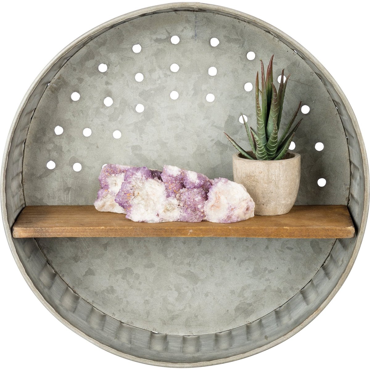 Rustic Farmhouse Distressed Metal Round Wall Shelf with Wooden Display