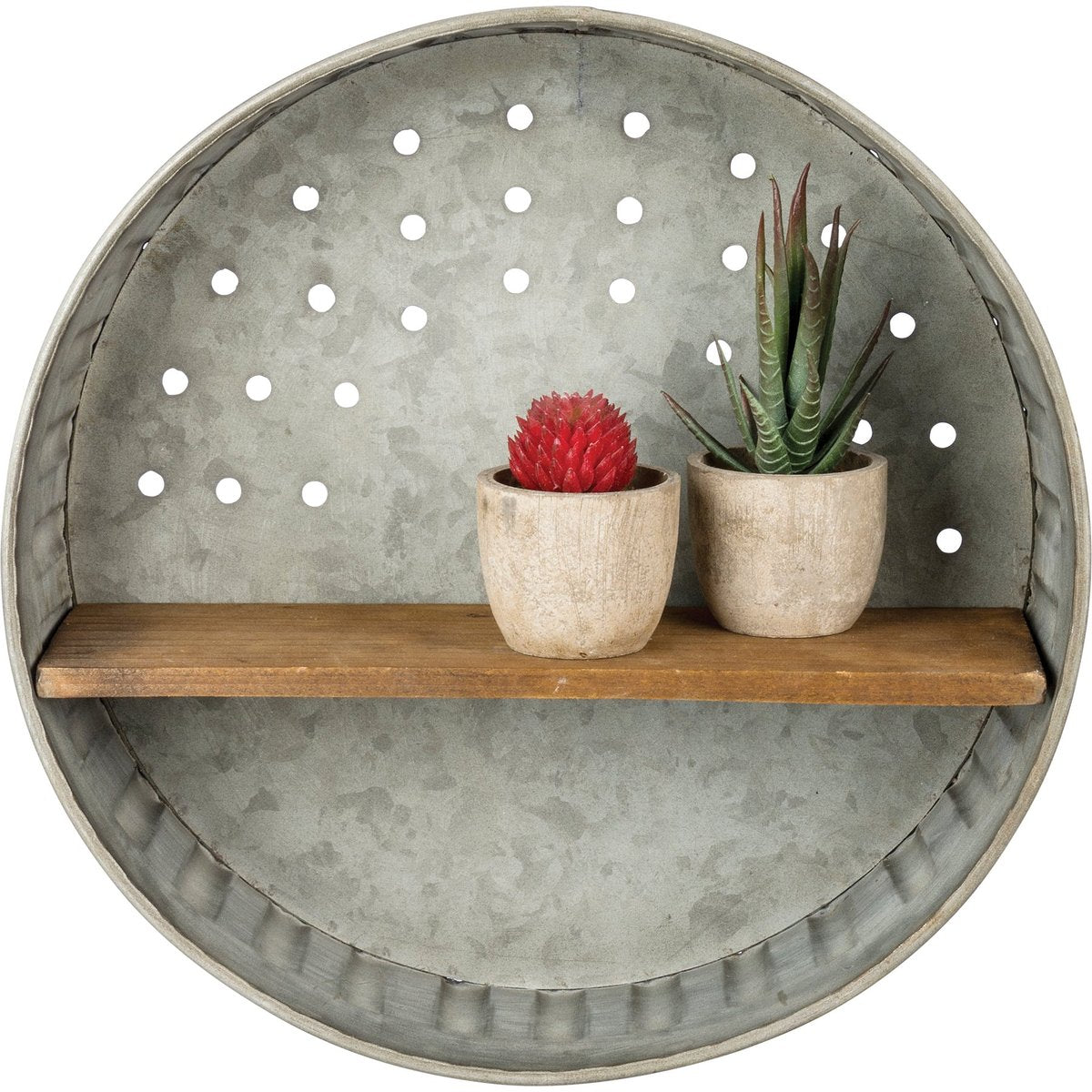Rustic Farmhouse Distressed Metal Round Wall Shelf with Wooden Display