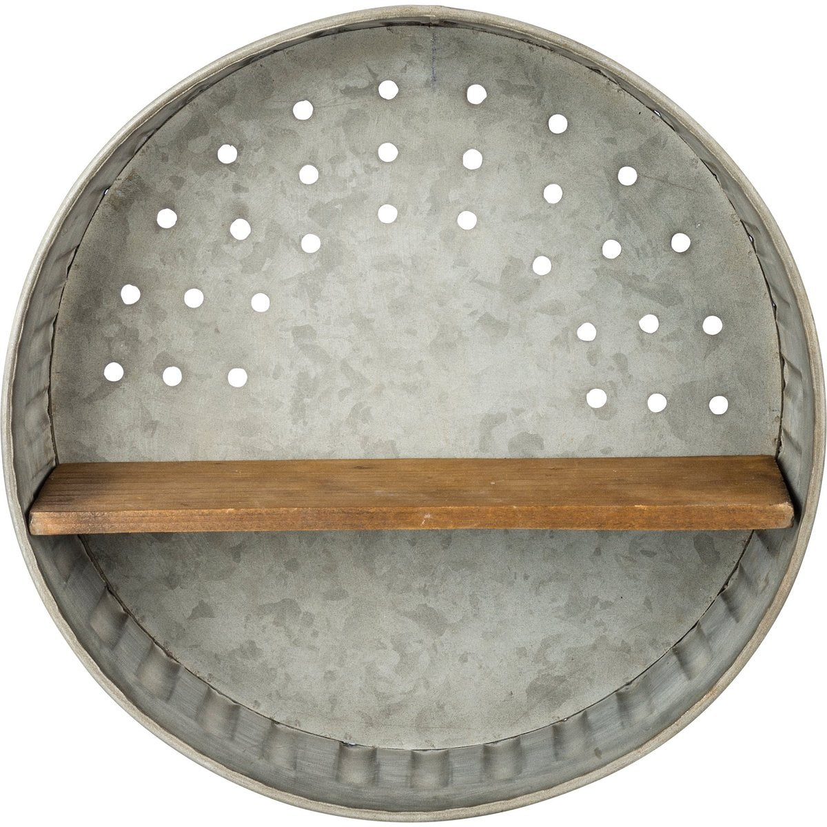 Rustic Farmhouse Distressed Metal Round Wall Shelf with Wooden Display