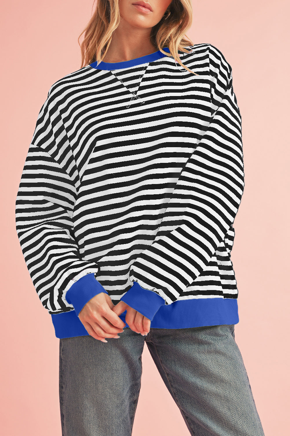 Sky Blue Stripe Contrast Edge Oversized Pullover