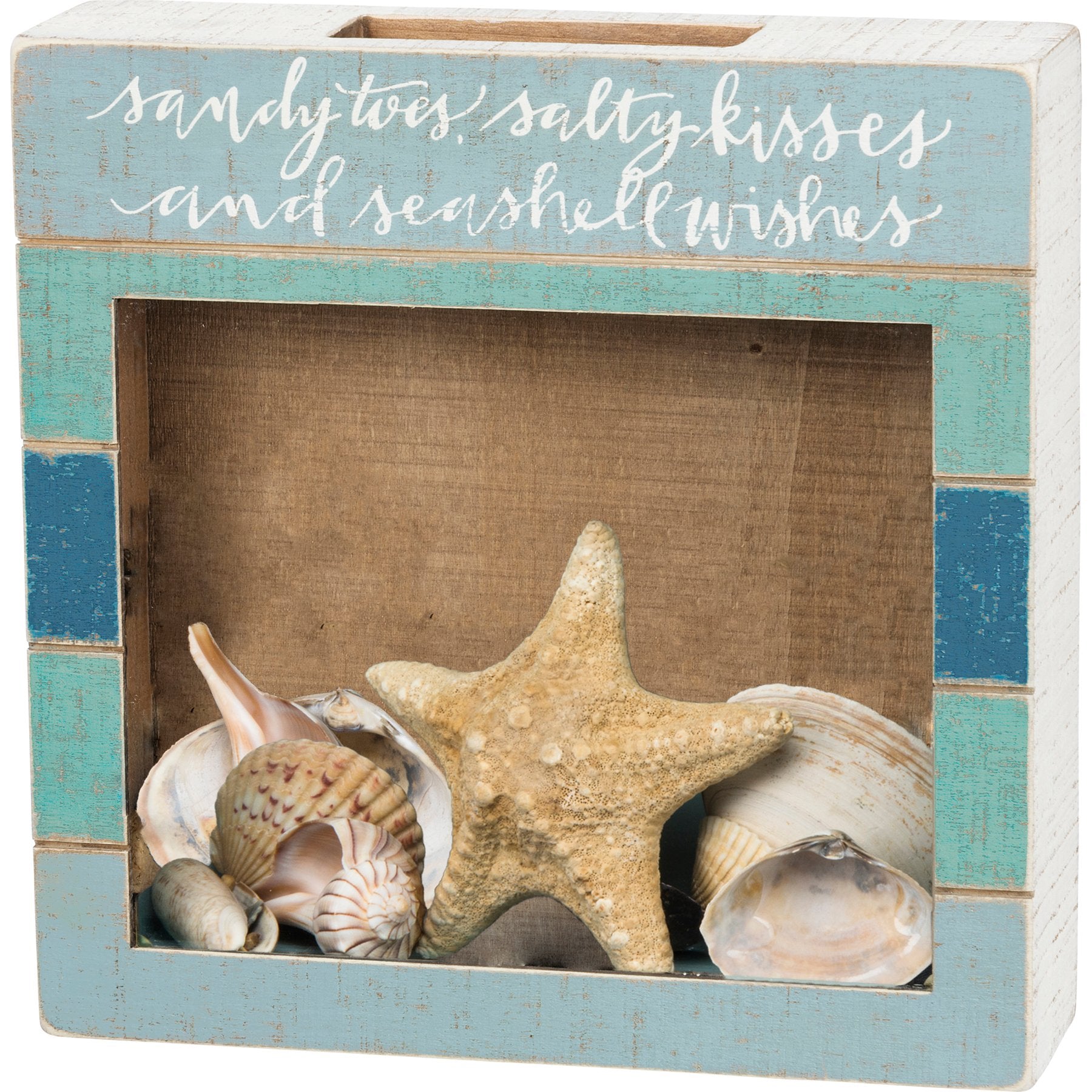 Coastal Beach Decor Wooden Shell Holder Box Sign - Sandy Toes Salty Kisses
