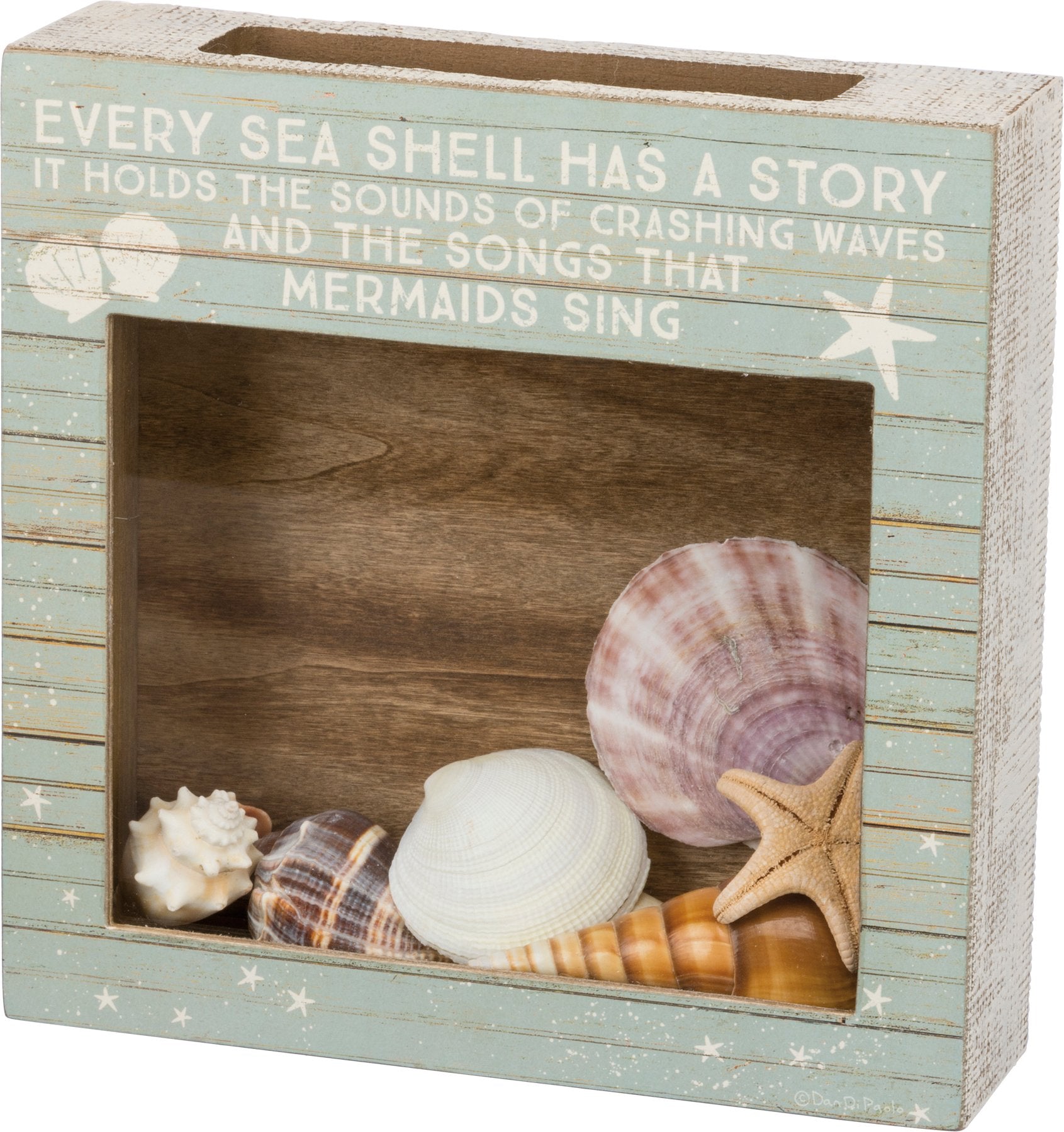 Rustic Slat Wood Beach Shell Holder with Inspiring Mermaid Quote Display Box