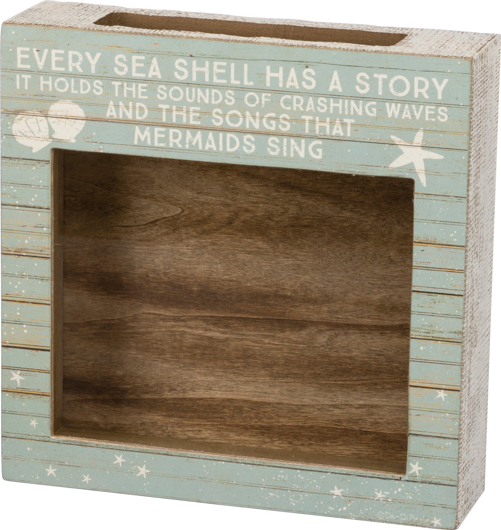 Rustic Slat Wood Beach Shell Holder with Inspiring Mermaid Quote Display Box