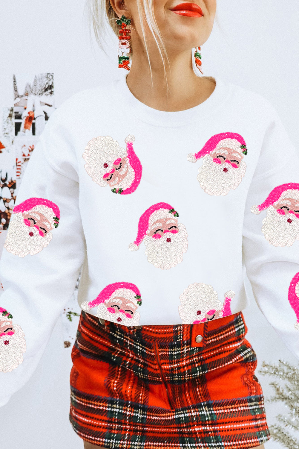 Beige Christmas Santa Clause Pattern Sequin Pullover Sweatshirt