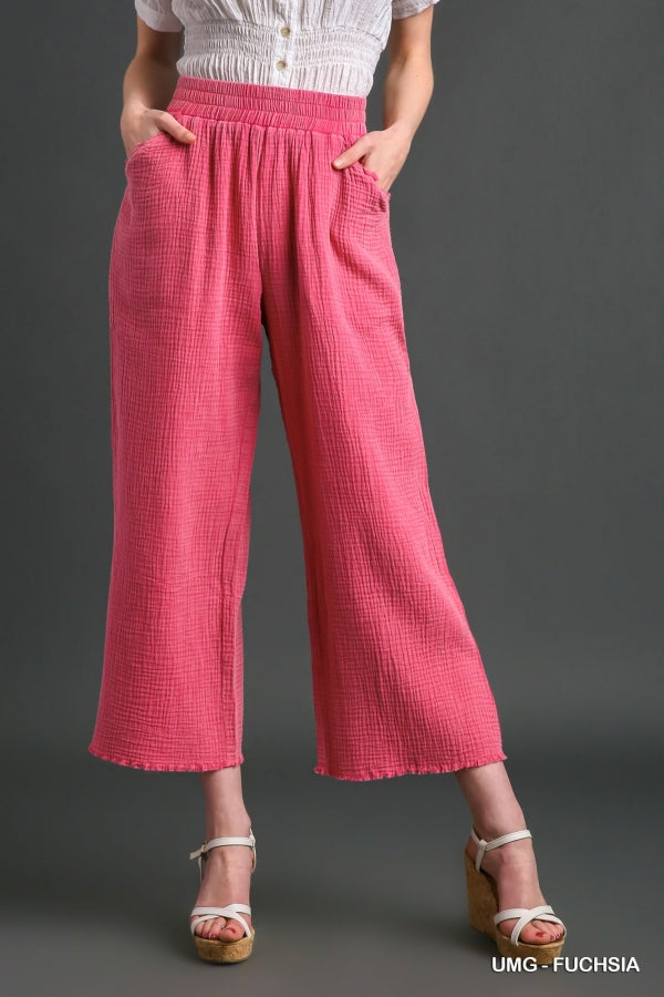 Umgee Mineral Wash Elastic Waistband Pants With Side Pockets & Unfinished Frayed Hem Detail