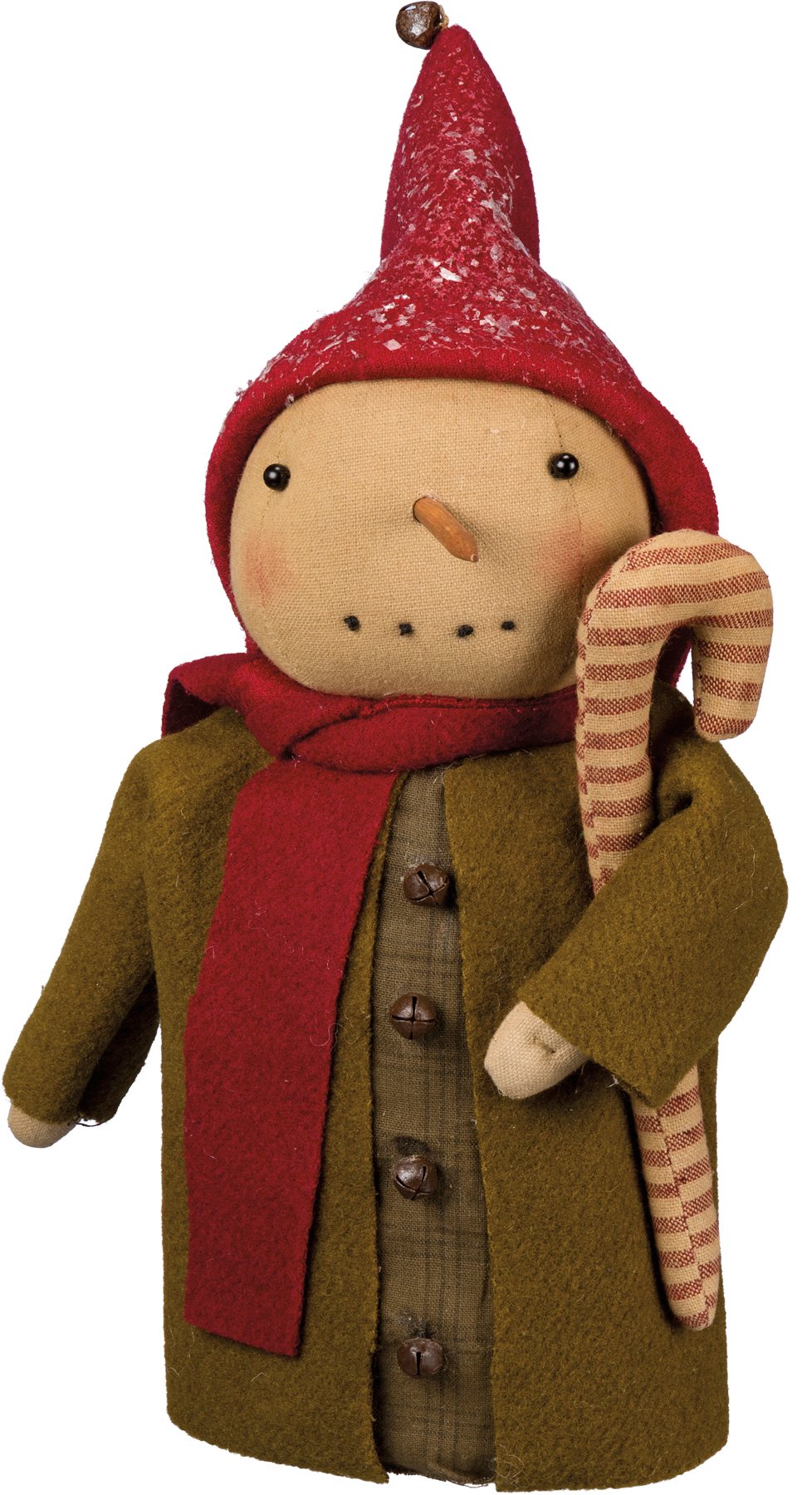 Charming Primitive Green Coat Snowman Decor with Jingle Bells & Candy Cane