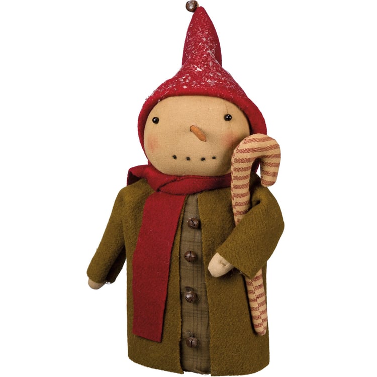 Charming Primitive Green Coat Snowman Decor with Jingle Bells & Candy Cane
