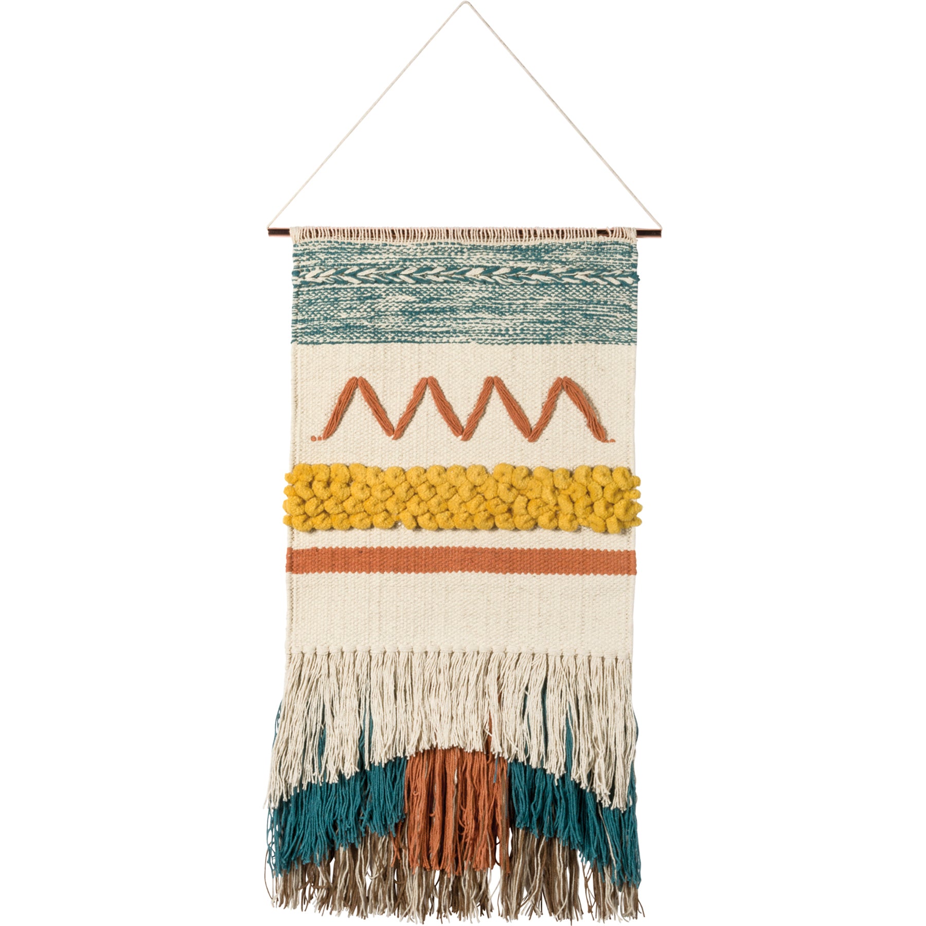 Bohemian Woven Wall Hanging: Vibrant Fringe, Intricate Knits, Copper Bar Decor