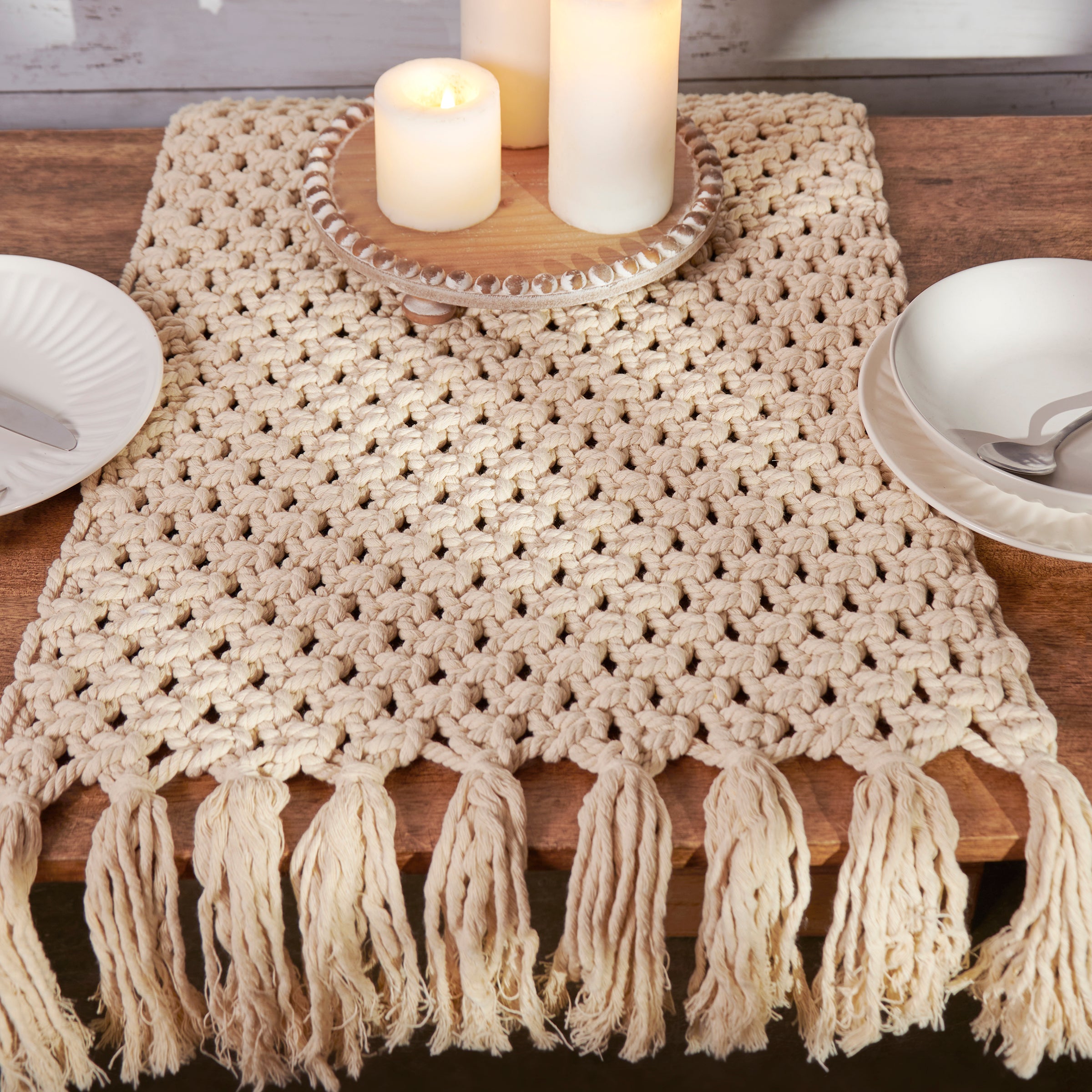 Bohemian Hand-Woven Macrame Table Runner with Knotted Fringe Trim for Home Decor