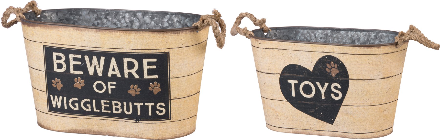 Playful 'Toys' & 'Beware of Wigglebutts' Decorative Tin Storage Bins Set