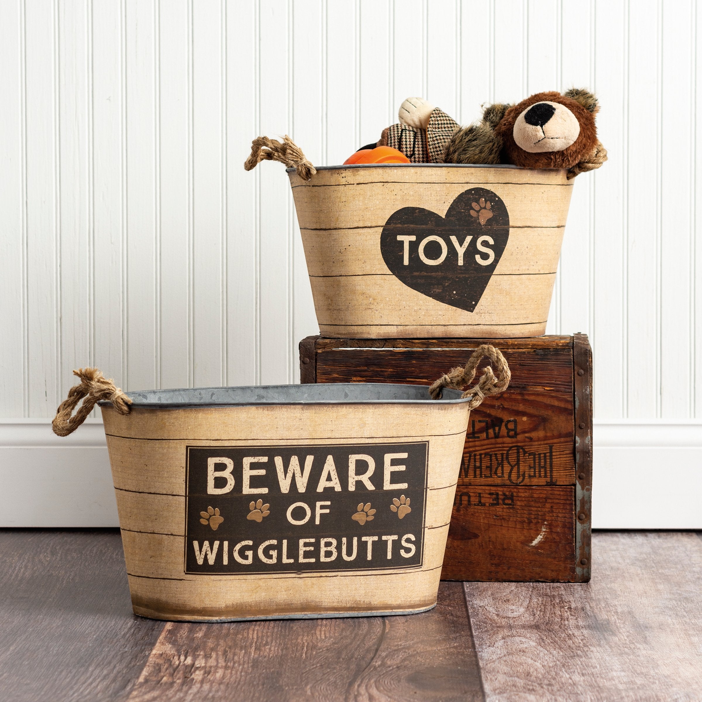 Playful 'Toys' & 'Beware of Wigglebutts' Decorative Tin Storage Bins Set