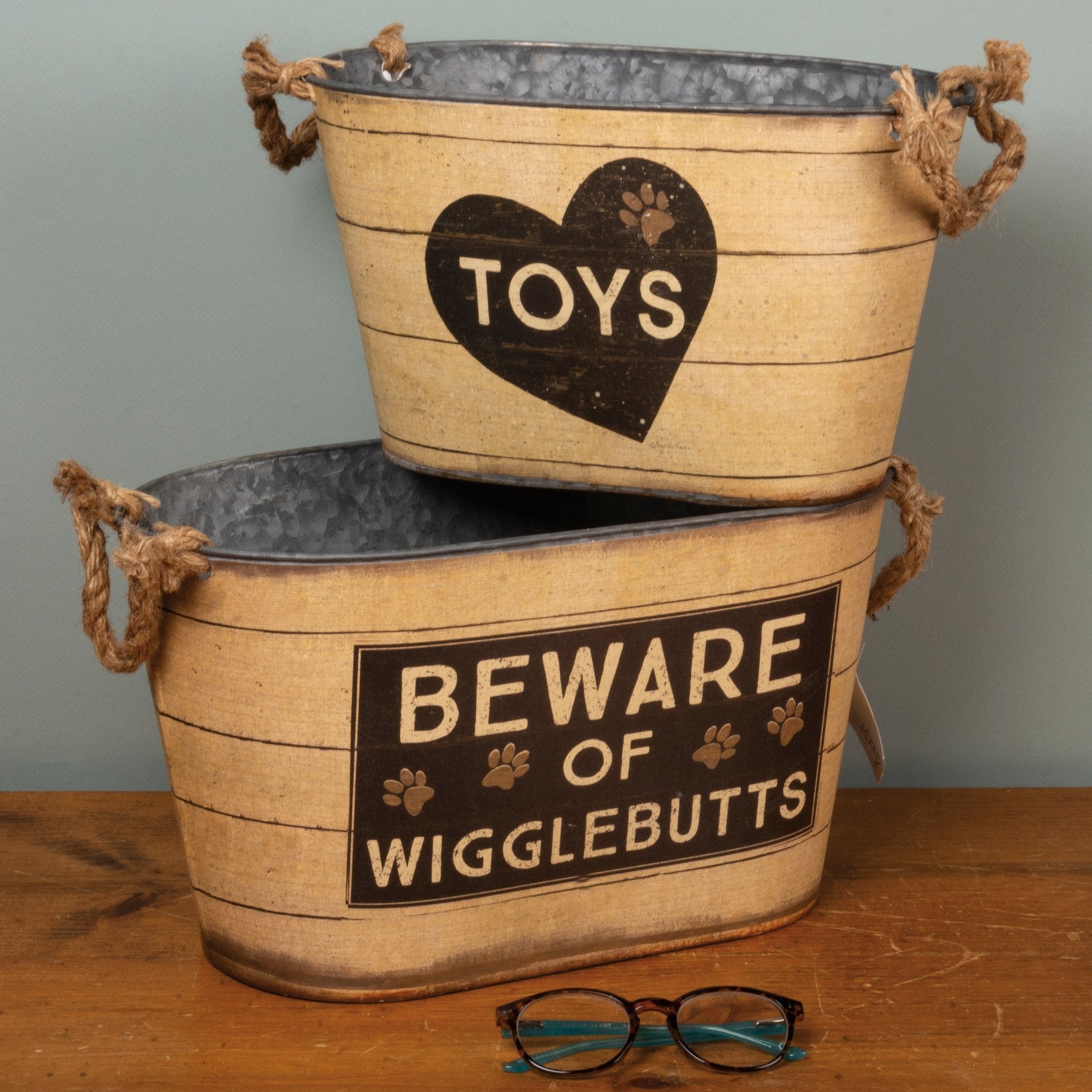 Playful 'Toys' & 'Beware of Wigglebutts' Decorative Tin Storage Bins Set