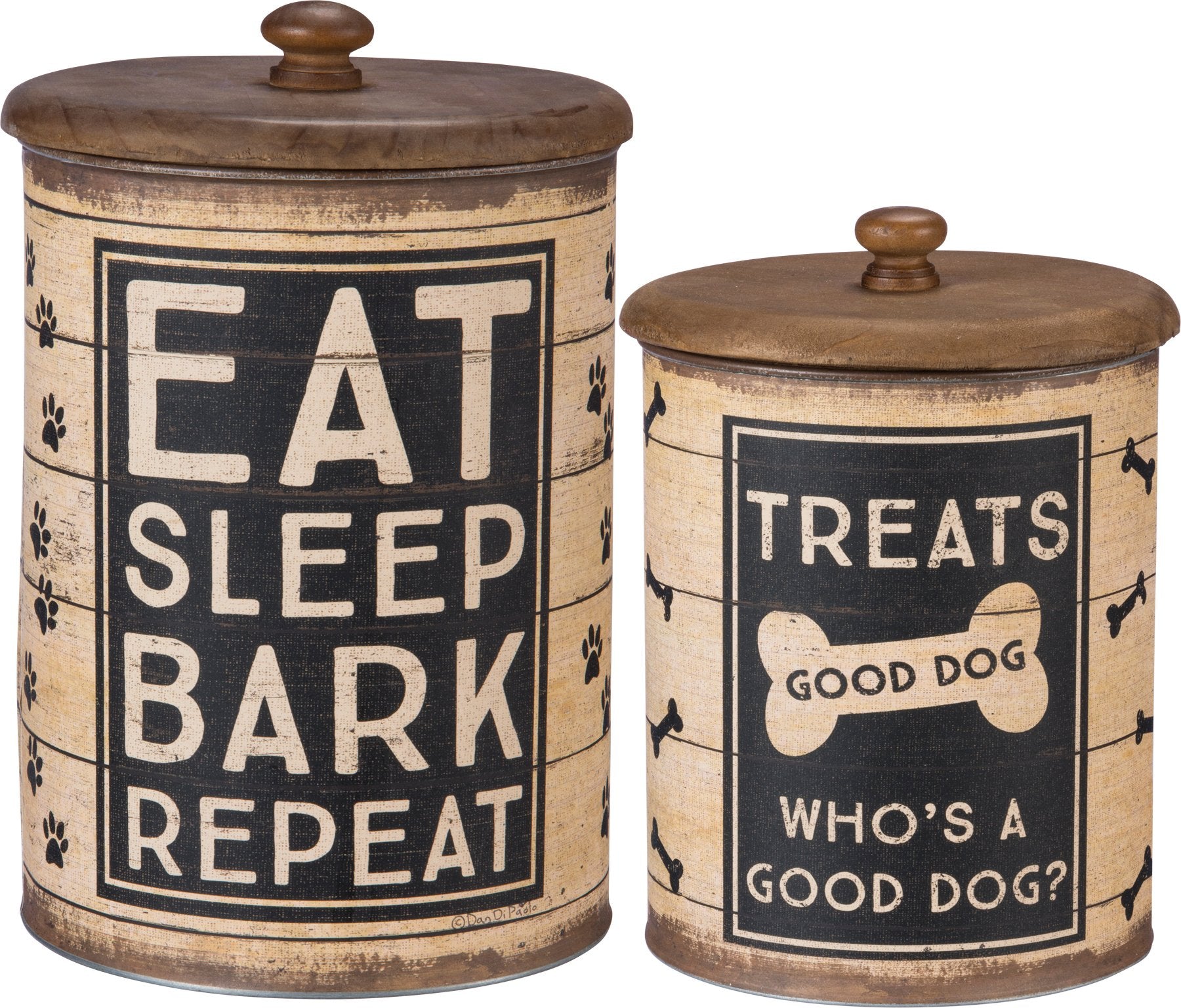 Charming Rustic Galvanized Metal Dog Treat Canister Set with Wooden Lids