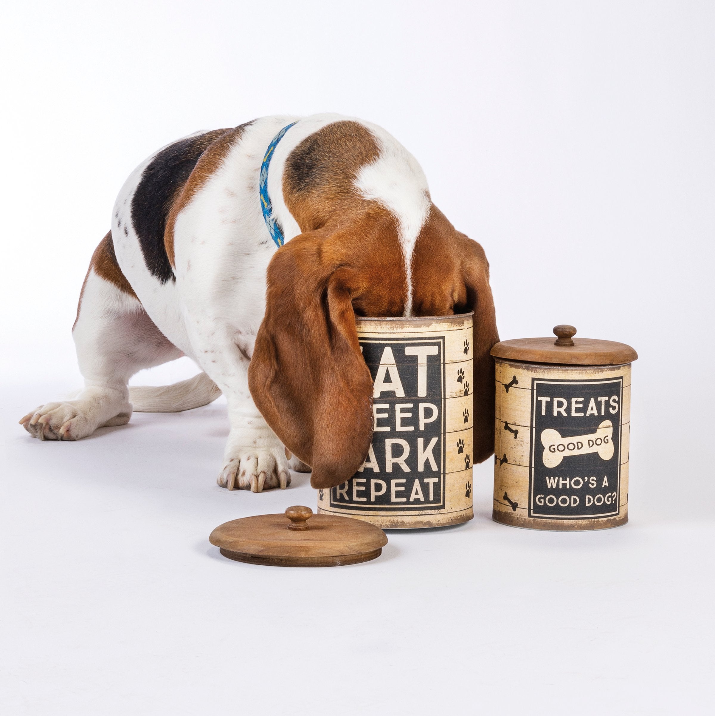 Charming Rustic Galvanized Metal Dog Treat Canister Set with Wooden Lids