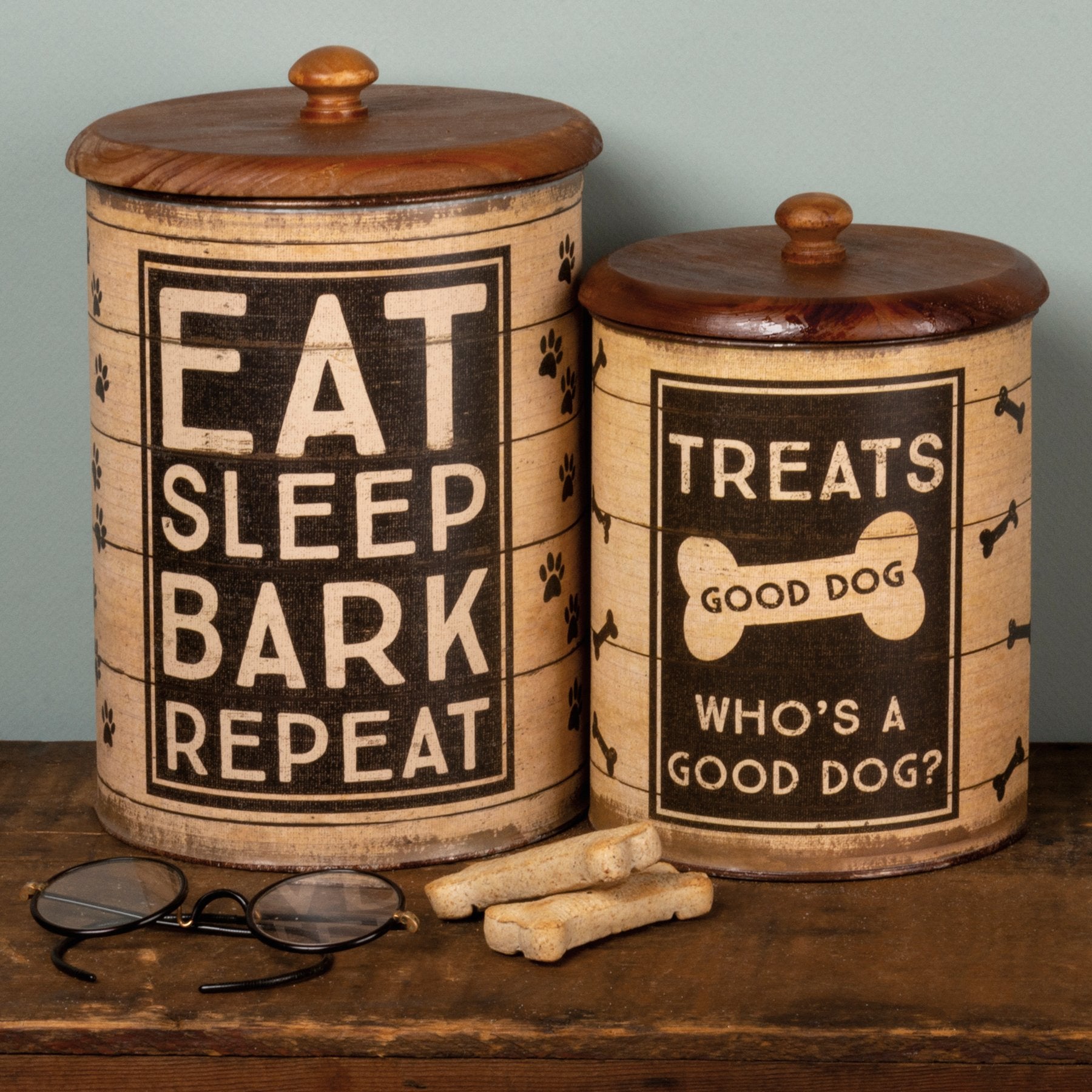 Charming Rustic Galvanized Metal Dog Treat Canister Set with Wooden Lids