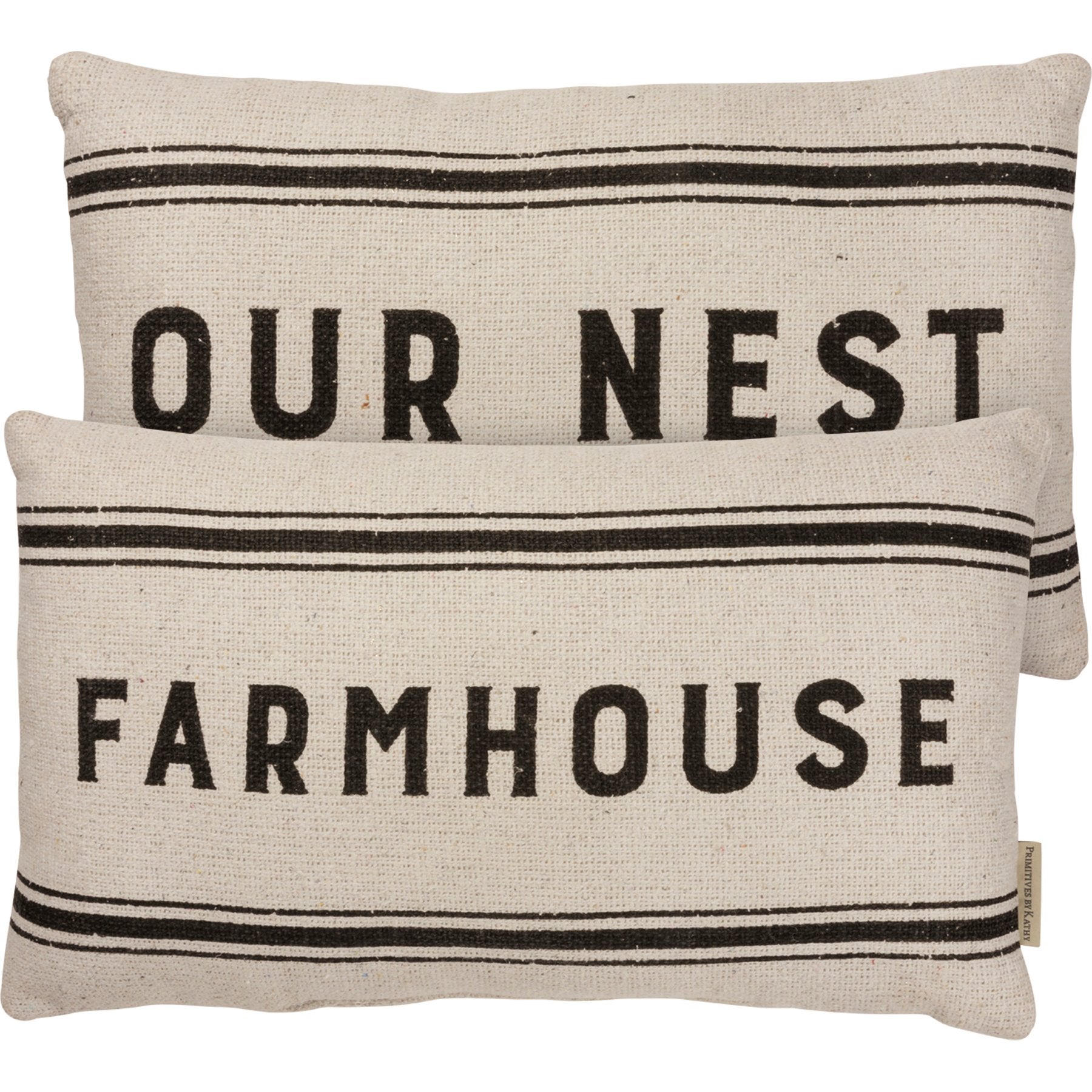 Distressed Farmhouse Our Nest Cotton Pillow with Striped Design