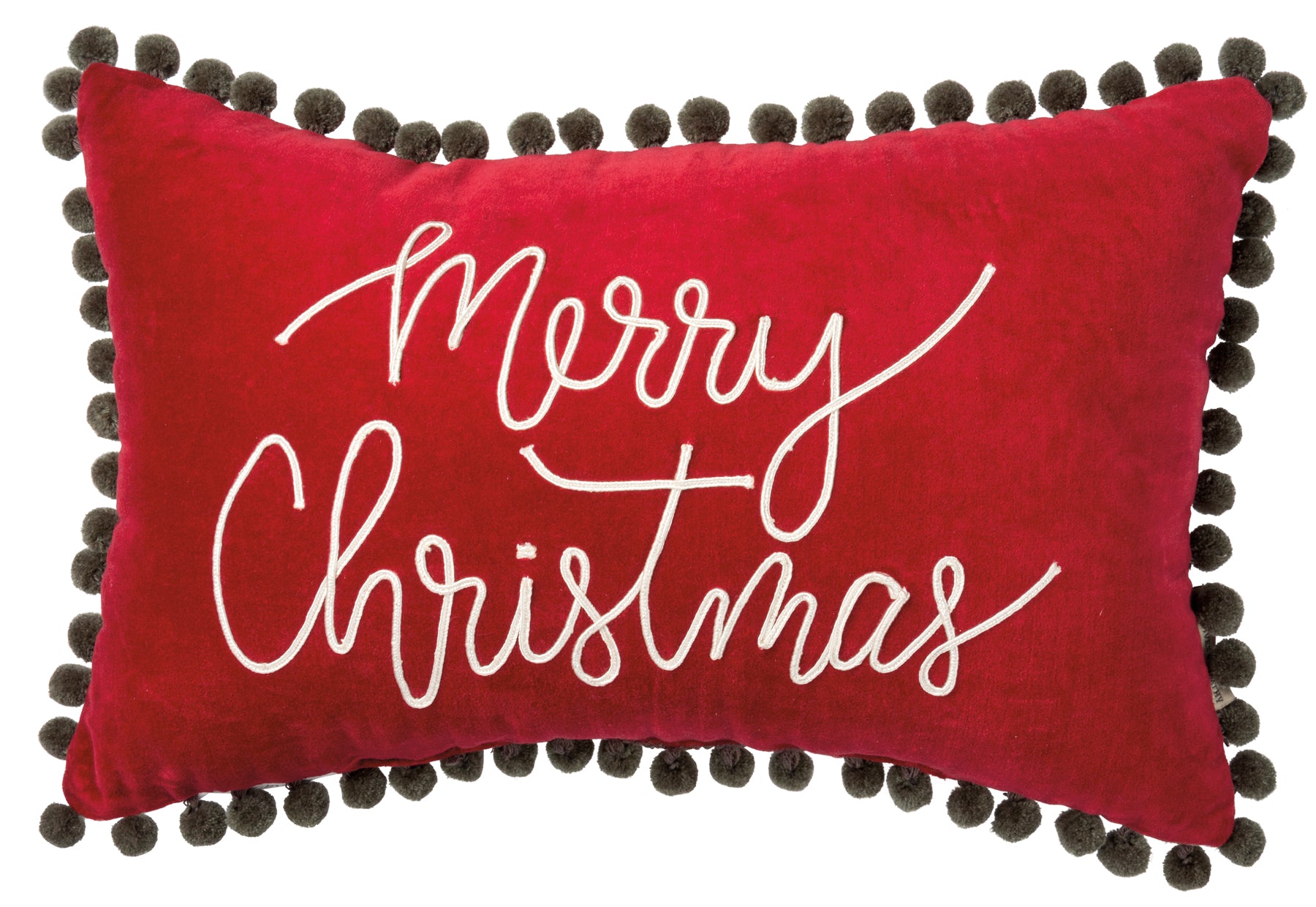 Luxe Velvet 'Merry Christmas' Pillow with Dori Stitched Sentiment & Pom Trim