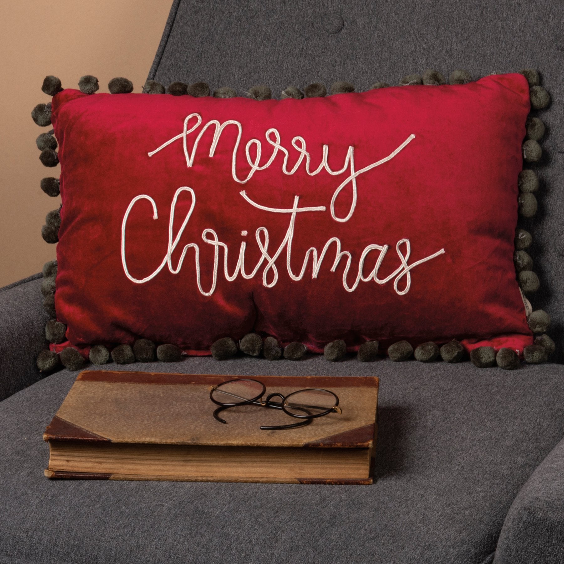 Luxe Velvet 'Merry Christmas' Pillow with Dori Stitched Sentiment & Pom Trim
