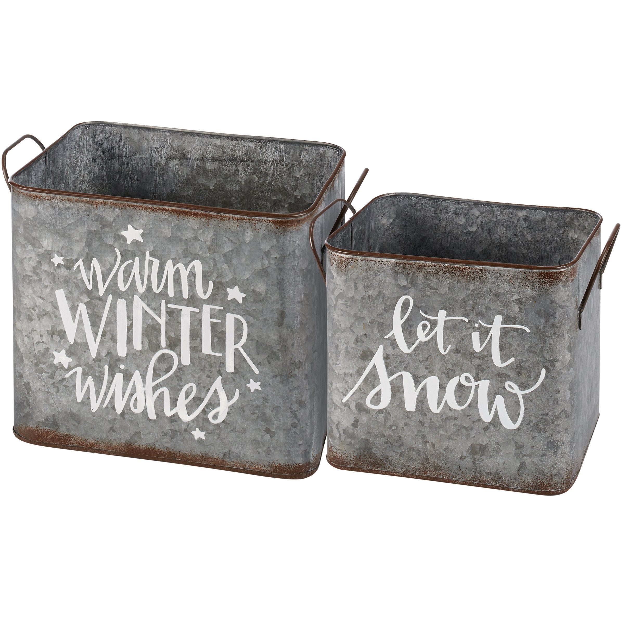 Charming Galvanized Metal 'Let It Snow' & 'Warm Winter Wishes' Christmas Bin Set