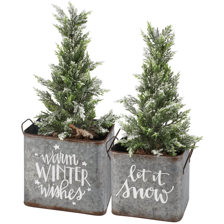 Charming Galvanized Metal 'Let It Snow' & 'Warm Winter Wishes' Christmas Bin Set
