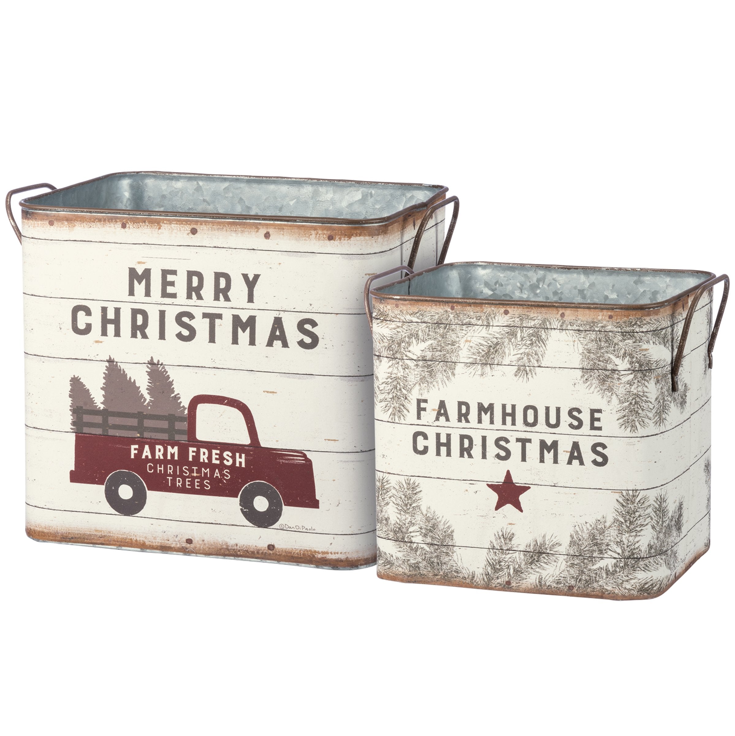 Rustic Farm Fresh Christmas Trees Metal Bin Set - Holiday Home Decor