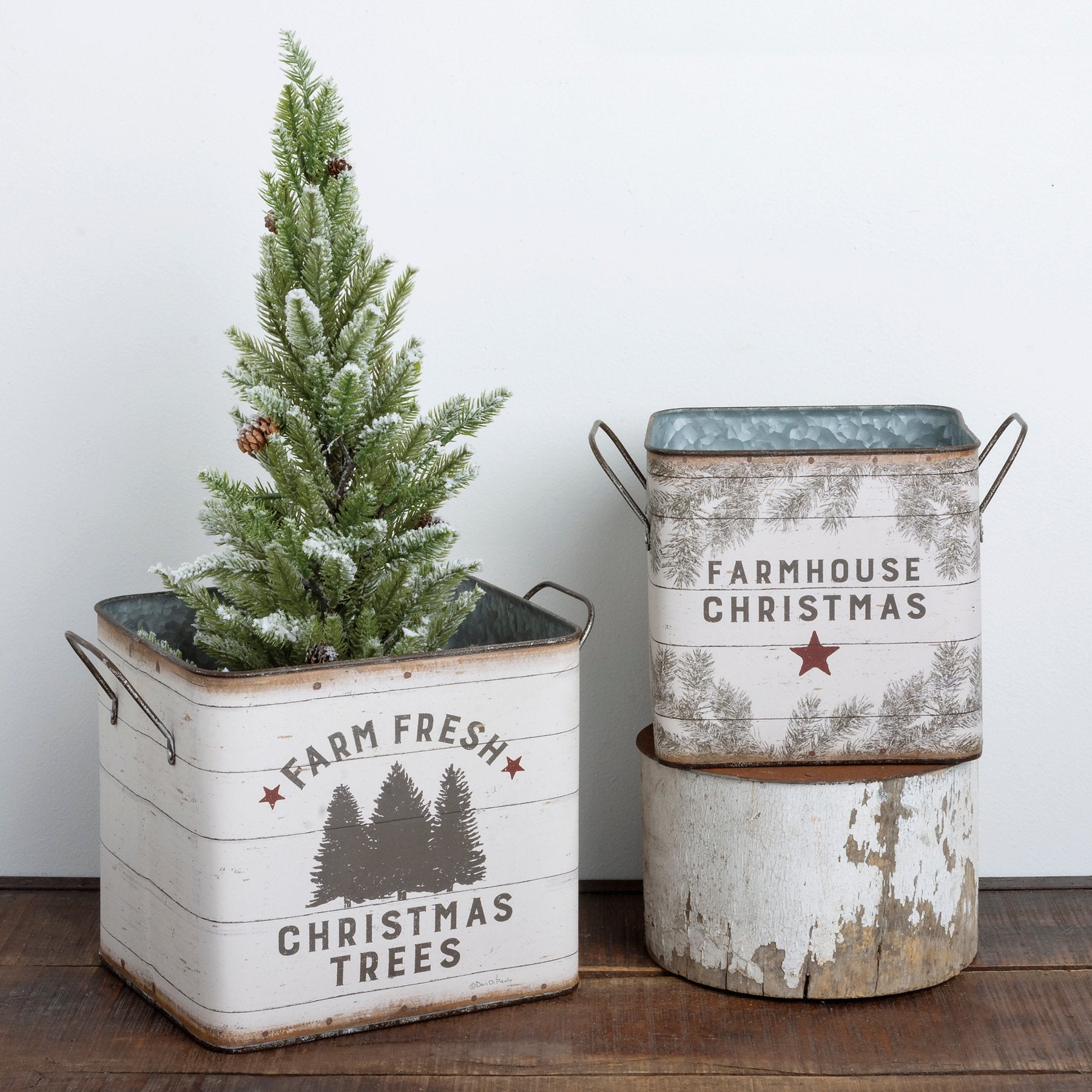 Rustic Farm Fresh Christmas Trees Metal Bin Set - Holiday Home Decor