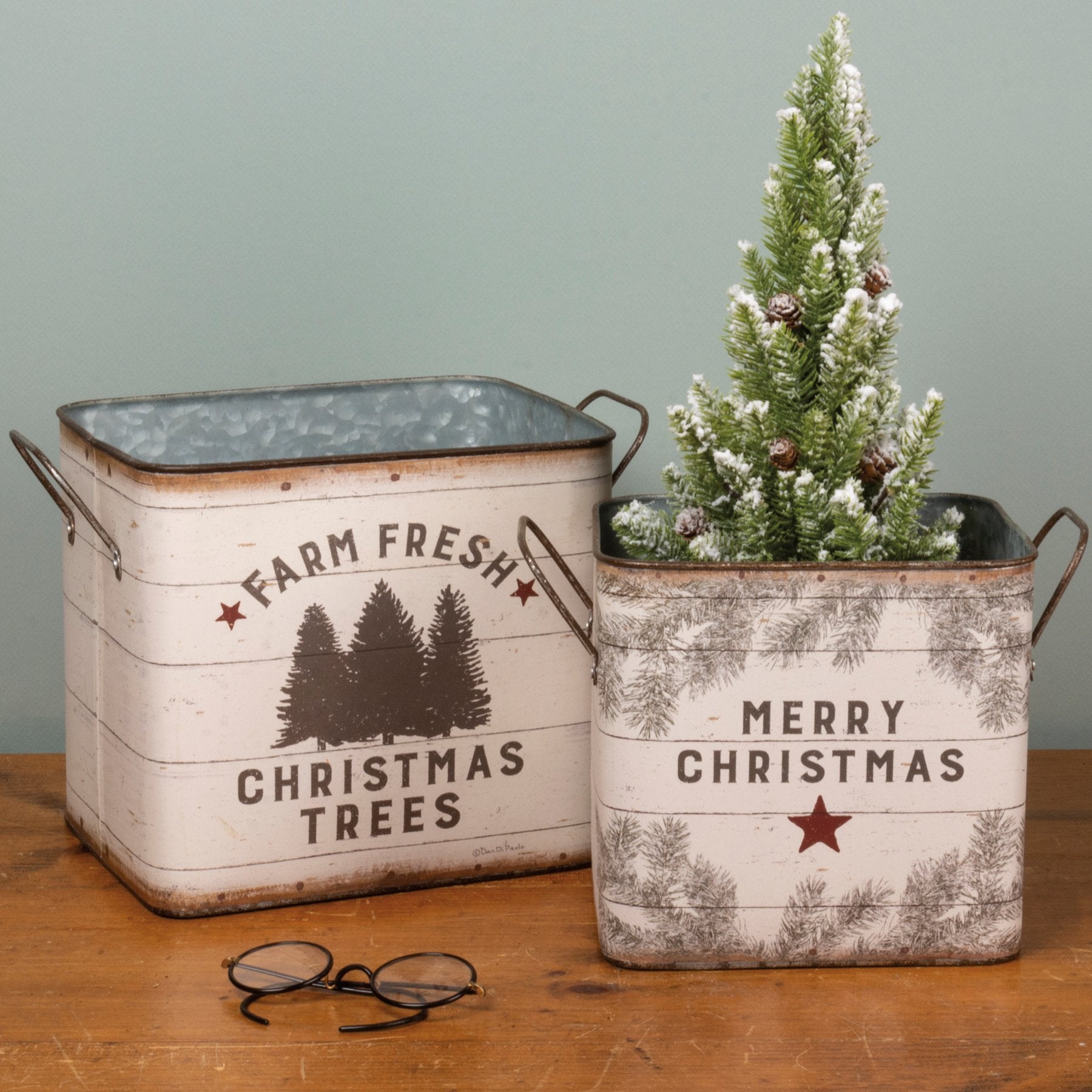 Rustic Farm Fresh Christmas Trees Metal Bin Set - Holiday Home Decor