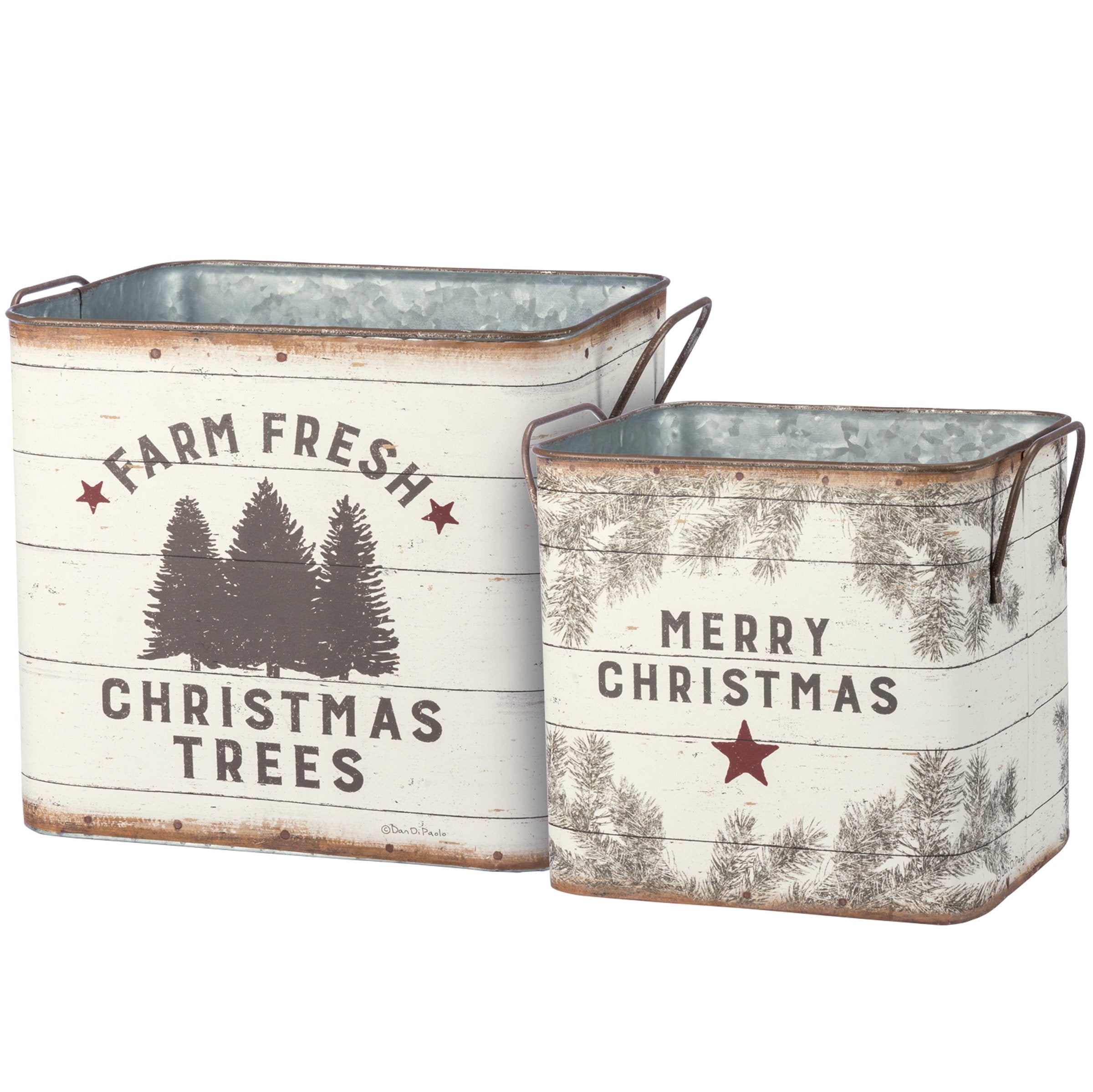 Rustic Farm Fresh Christmas Trees Metal Bin Set - Holiday Home Decor