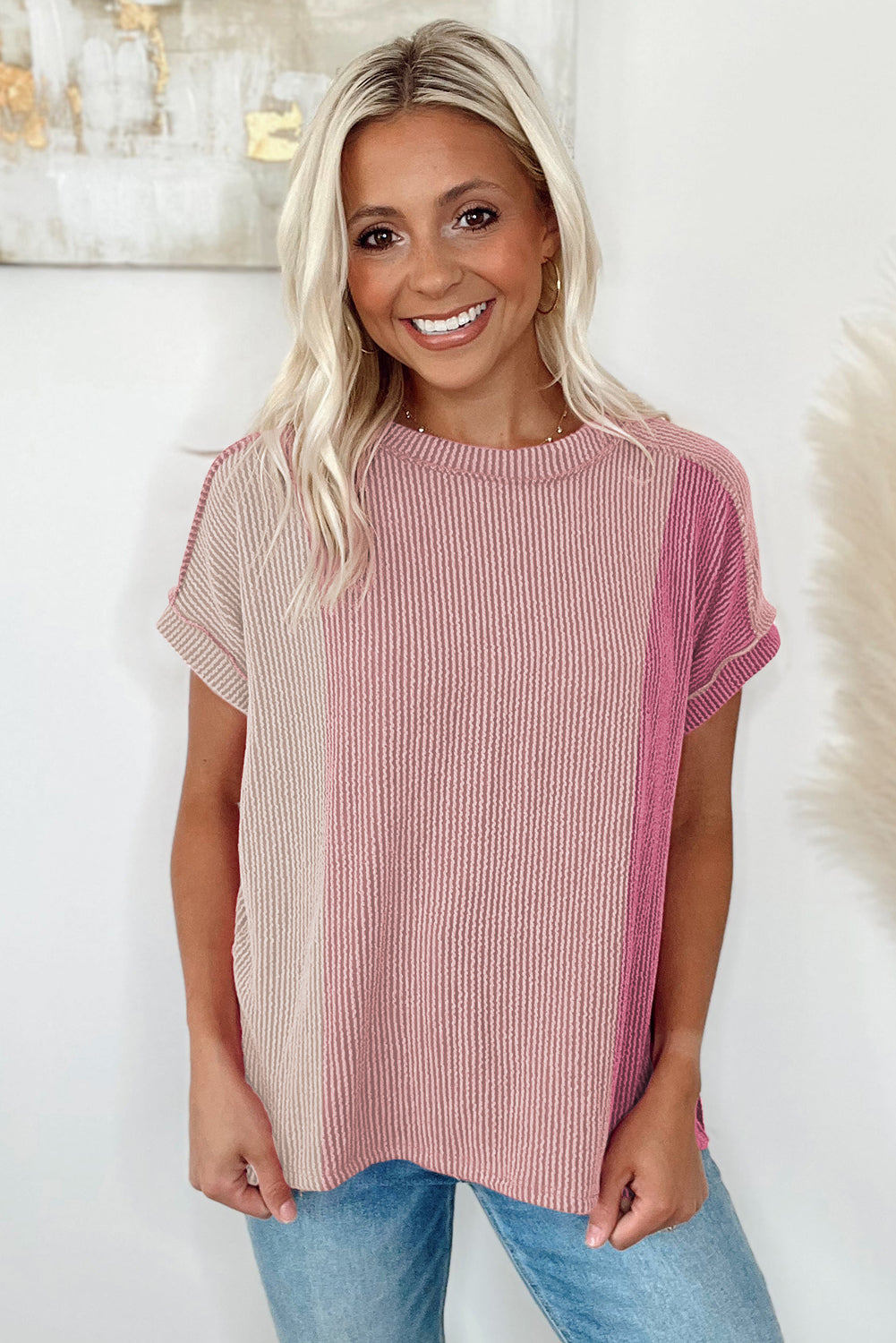 Pink Textured Colorblock Crew Neck T Shirt