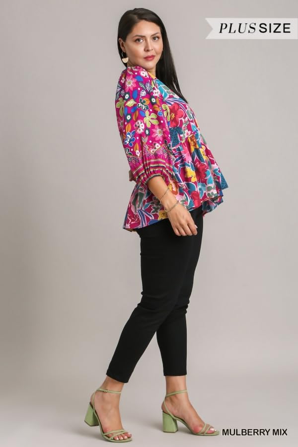 Babydoll Mix & Match Top with Floral Print Boarder Balloon Sleeve