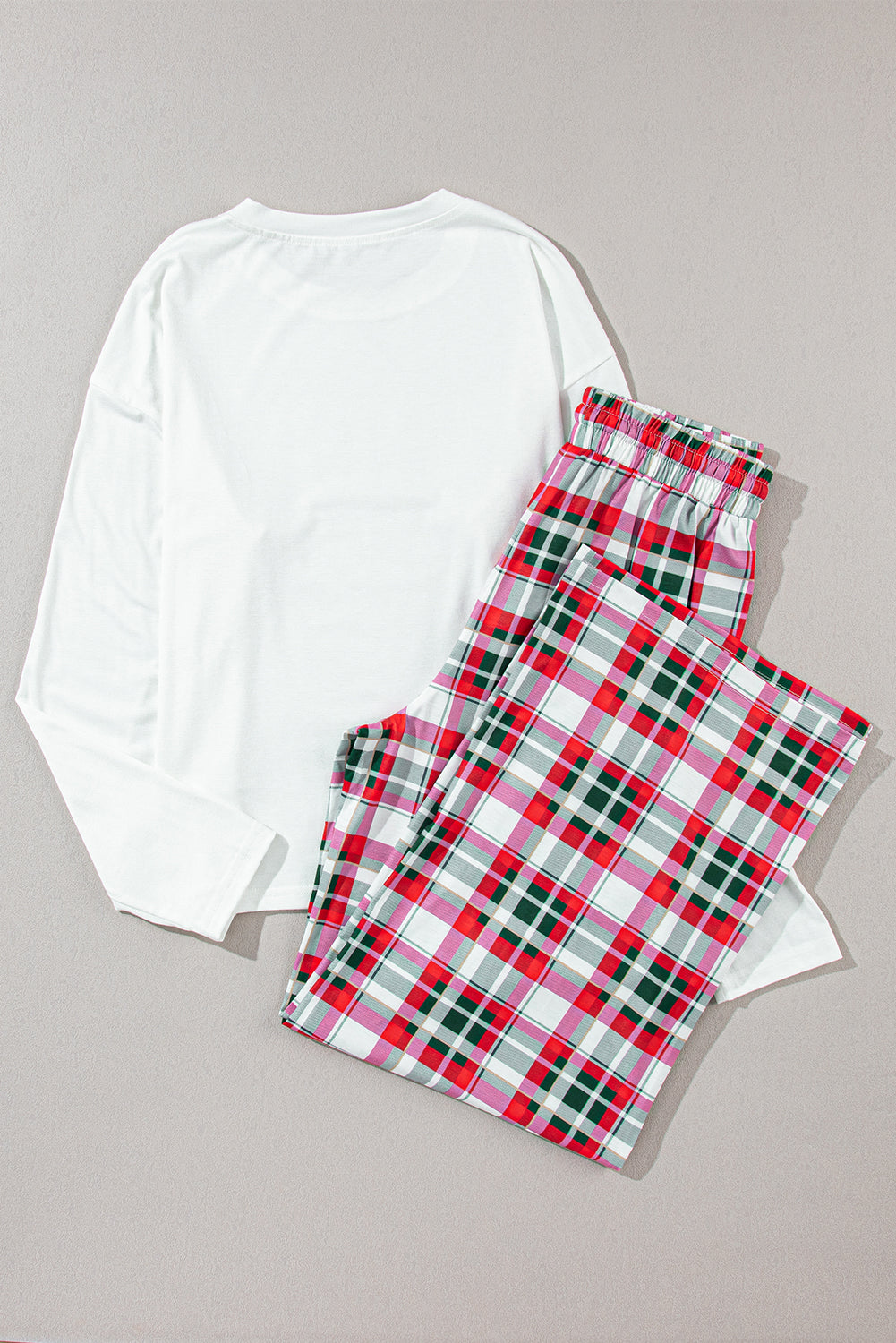 Multicolor Merry Christmas Top and Plaid Pants Pajama Set