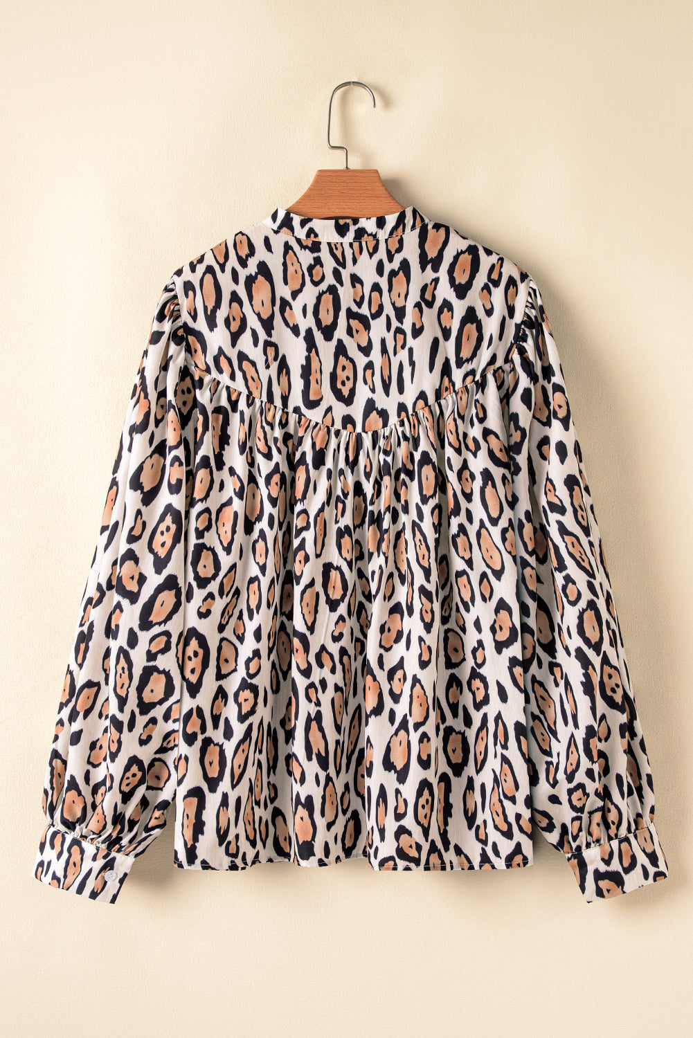 Light French Beige Leopard Print Balloon Sleeve Loose Blouse